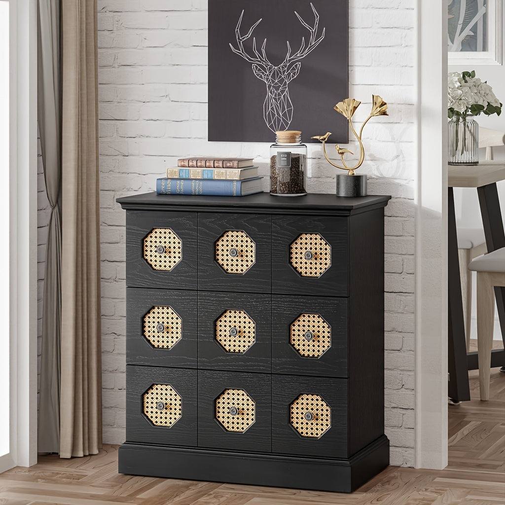 Farmhouse Rattan 3-Drawer Nightstand, Retro Chest Of Drawers With Octagonal Rattan Patterns For Bedroom, Living Room, Fully-Assembled, Black