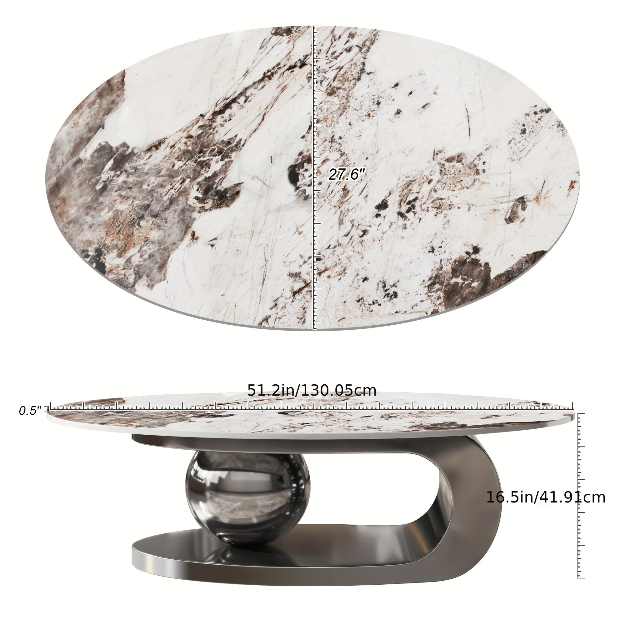 Exquisite Modern Oval Stone Coffee Table With Abstract Gold Gray Metal Base - Perfect Centerpiece For Stylish Living Rooms-Gold Gray 51" Lx27.6 Wx16.5 H.