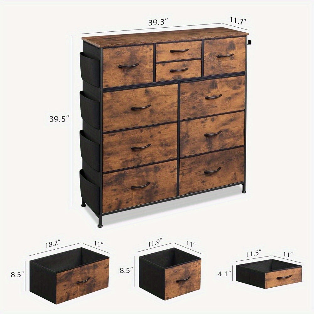 Dresser for Bedroom with 10 Drawers, Fabric Dresser Chest of Drawers with Side Pockets and Hooks, Sturdy Metal Frame, Drawers Organizer Unit for Room, Hallway, Rustic Brown Wood Grain Print