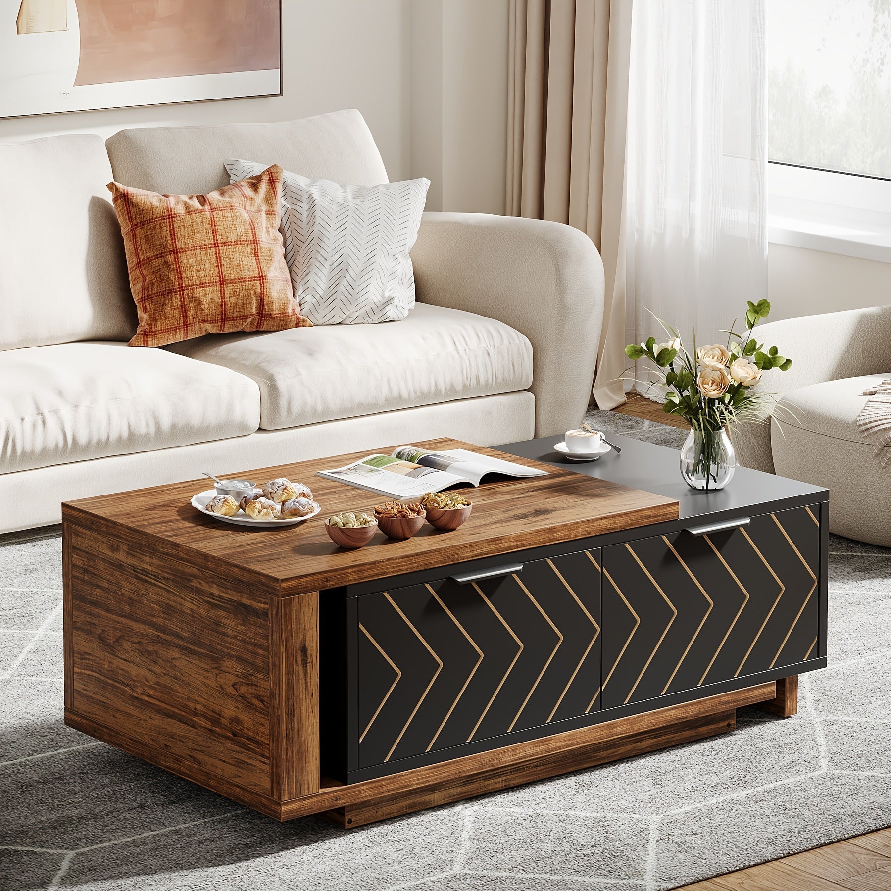 Versatile Dual-Tone Extendable Coffee Table - 106cm Adjustable, Reversible Wood Centerpiece with Spacious Storage Drawers for Living Room