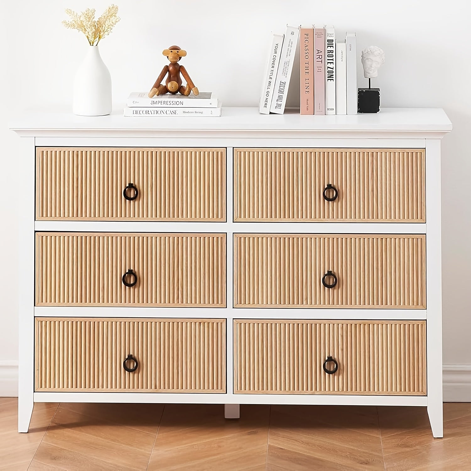 6 Drawer Dresser, Modern Closet Dressers Chest With Waveform Fluted Dresser, 47.2''Wide Wood Storage Dresser Organizer For Nursery Bedroom, Hallway, Closet, Living Room, Storage Drawer Units