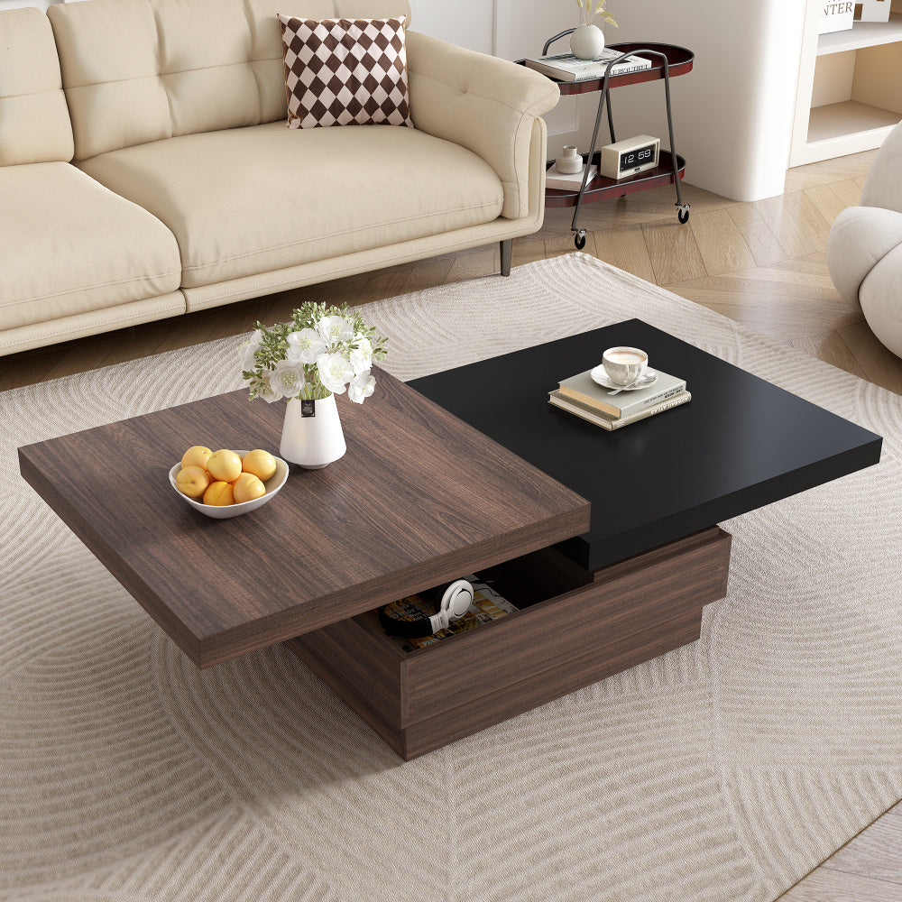 Rotatable Top Coffee Table, Modern Square Coffee Table with Wood Grain Design, 1 Hidden Storage Space for Living Room, Black+Brown