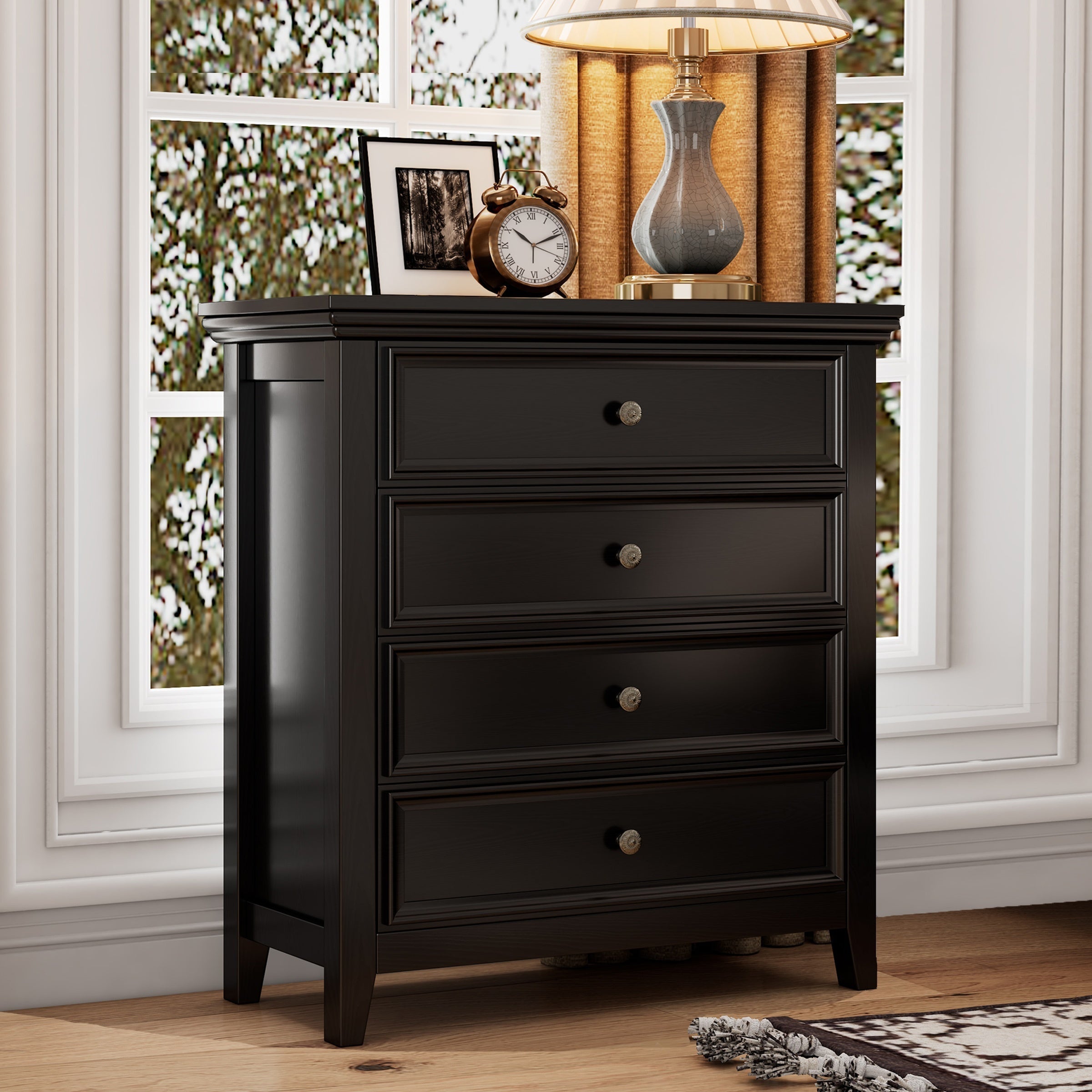 Black Dresser for Bedroom, 4 Chest of Drawers, Modern Drawer Dresser, Wooden White Black Dresser for living room, hallway