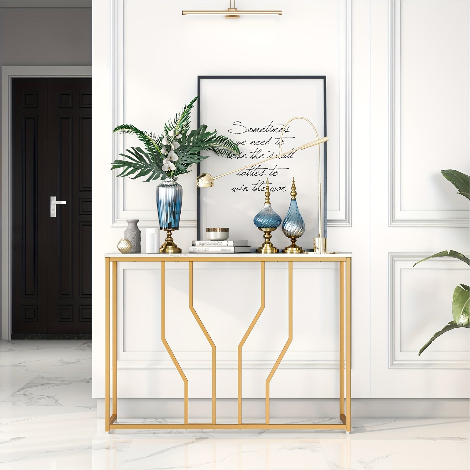 1pc 112cm Golden Console Table with Faux Marble Tabletop and Golden Metal Frame for Entrance