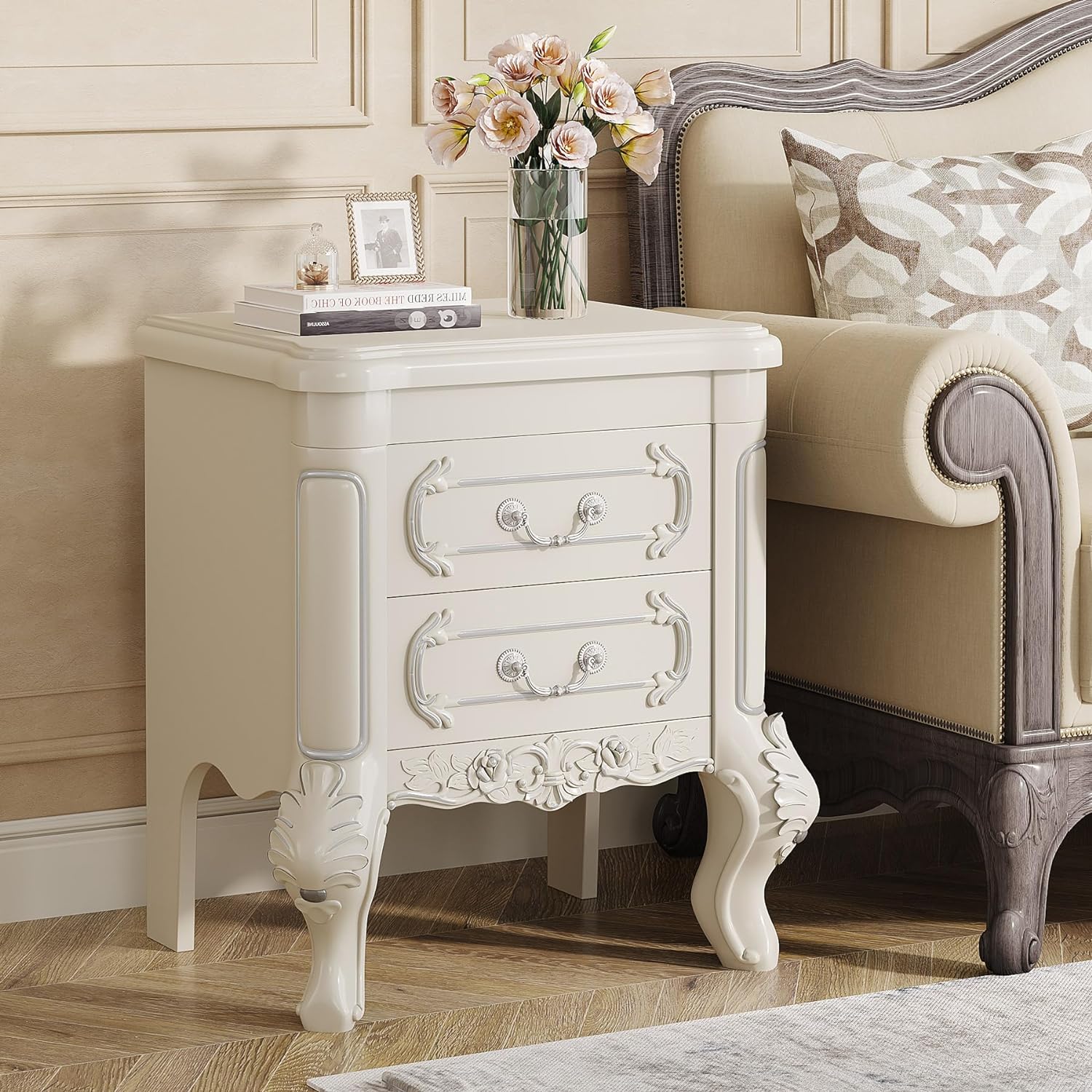 Carved Nightstand, Bedside Table End Table with 2 Drawers (in cm)