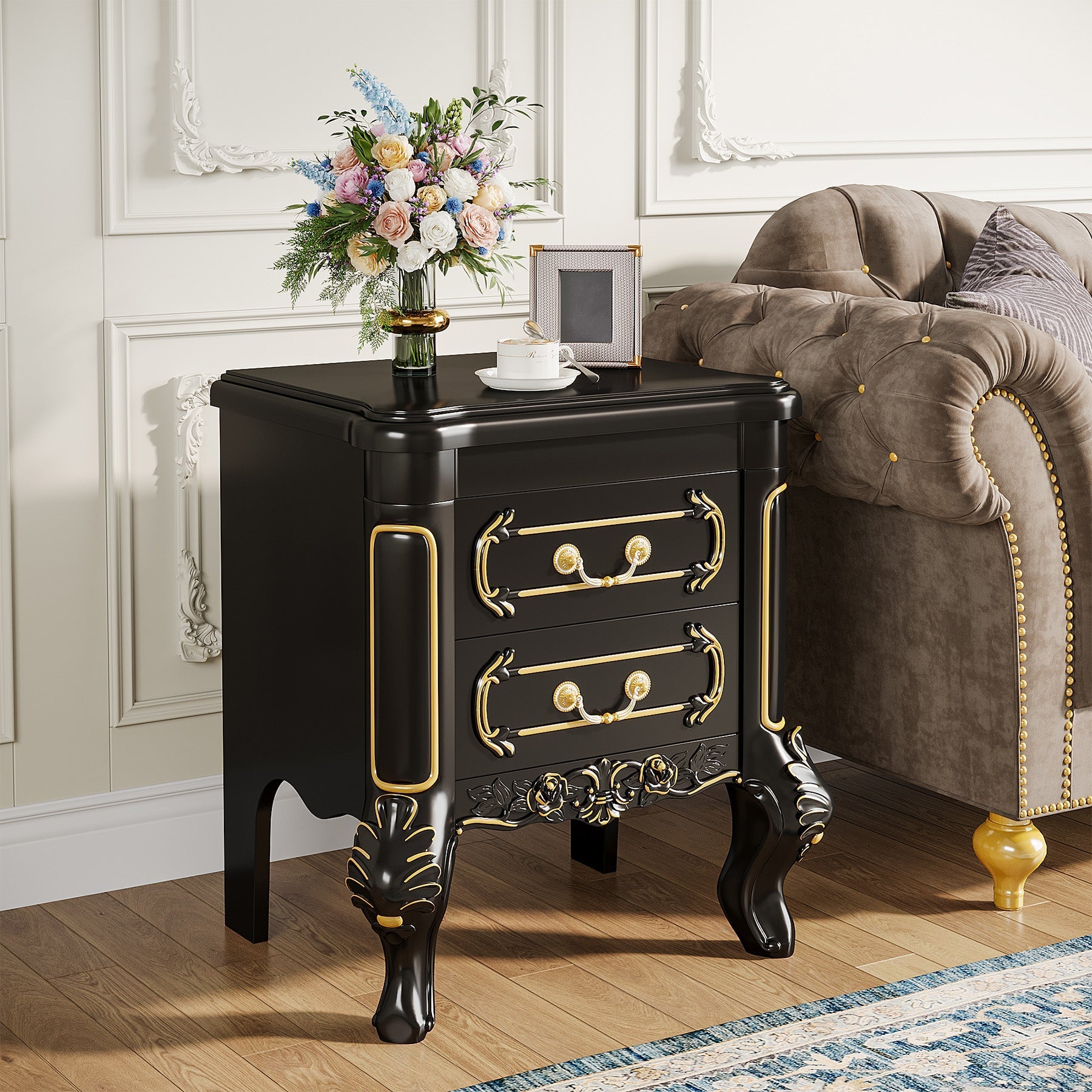 Carved Nightstand, Bedside Table End Table with 2 Drawers (in cm)