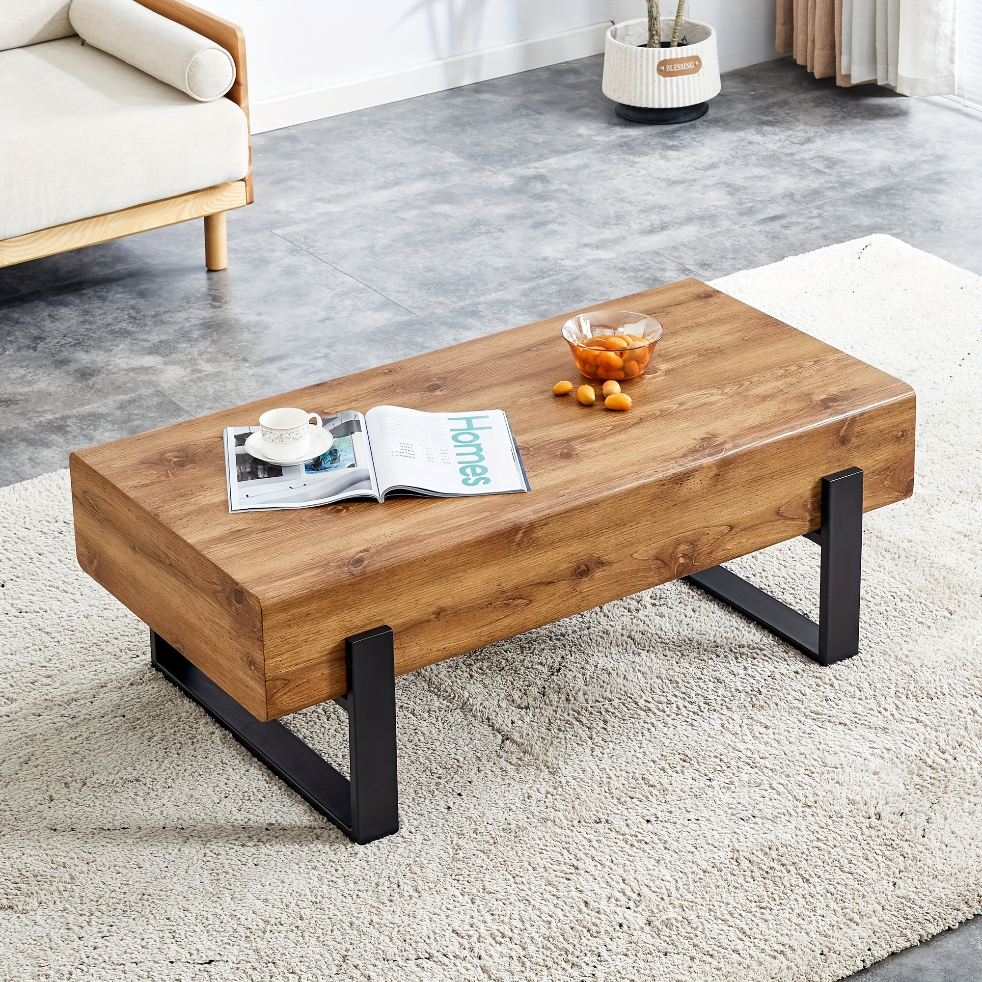 Rectangle Rustic Coffee Table, Modern Farmhouse Wood Simple Coffee Table With Metal Legs, Center Table For Living Room