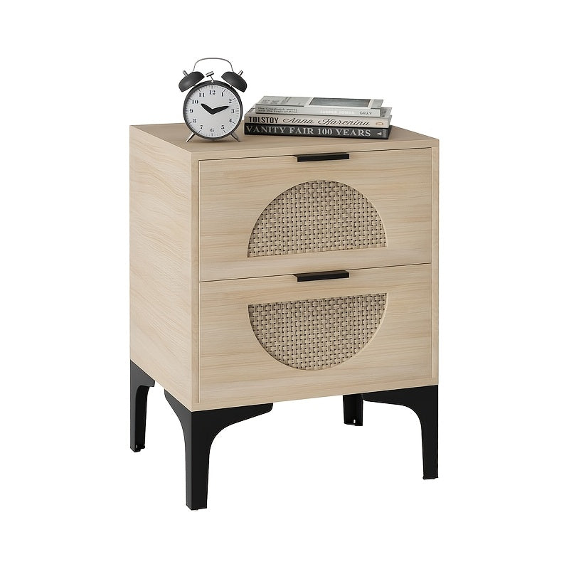 Rattan Nightstand With 2 Drawers, Wooden Boho Side Table With Storage, Bedside End Table For Bedroom, Dorm And Small Spaces (White)