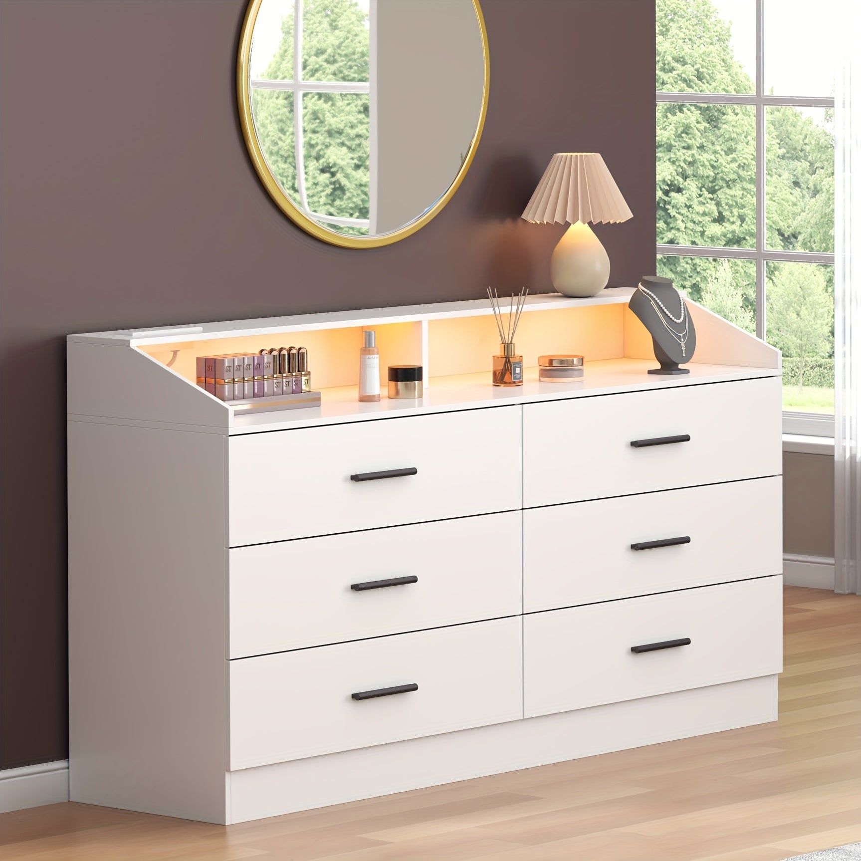 Dresser For Bedroom, 6 Drawers Dresser With Power Outlet, Chest Of Drawers For Closet, Modern Dresser With Open Storage Cubby, Drawer Dresser Organizer For Bedroom, Living Room, Entryway, Hallway