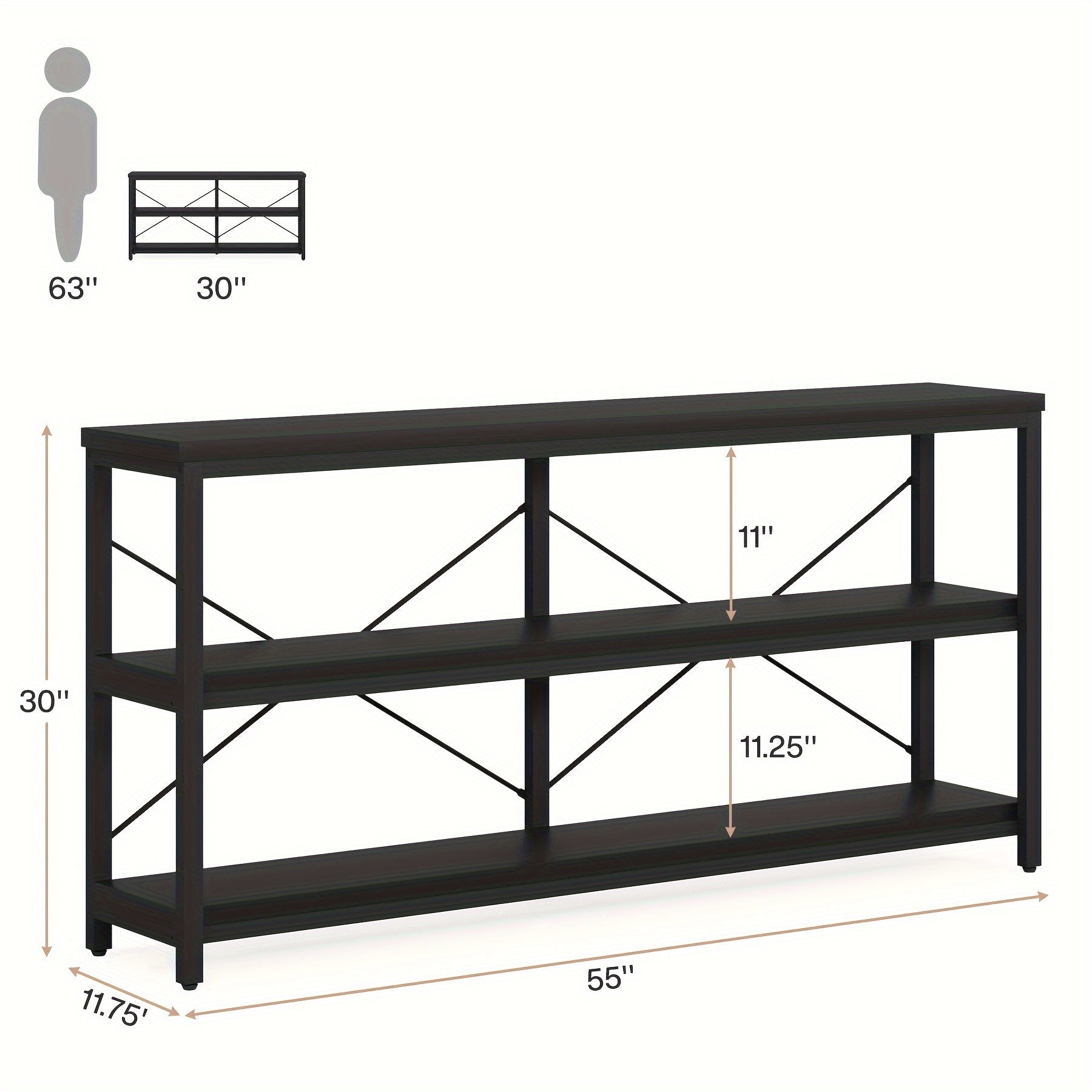 140 cm Long Console Table, 3-Tier Metal and Wood TV Stand with Storage Shelves for Entryway, Living Room - Durable and Easy Assembly, Christmas Gifts, Hallway, Sofa Table, LITTLE TREE