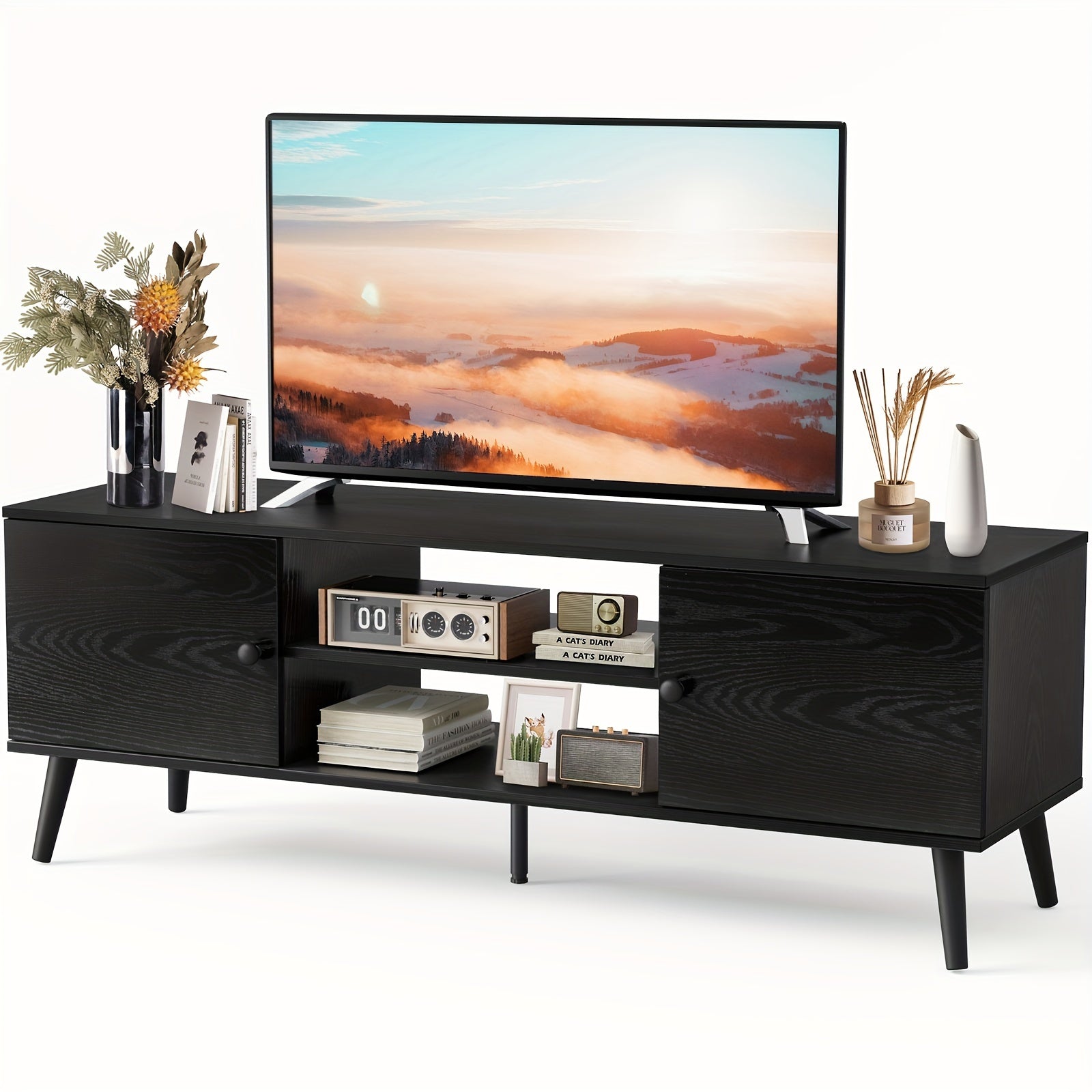 TV Stand for Entertainment Center with Storage Cabinet, Mid Century Modern Media Console Table, Adjustable Hinge, Wooden Television Furniture for Living Room