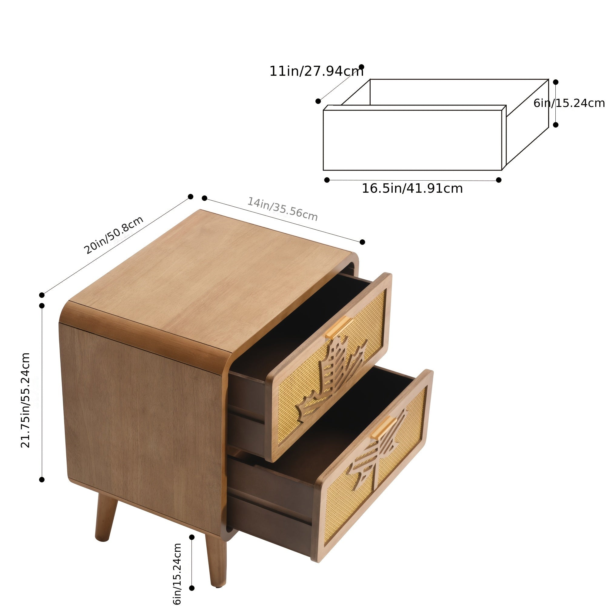 Mid-Century Modern Nightstand] Mid-Century Modern Nightstand with Rattan Accents and Maple Leaf Carving, Solid Wood and Fiberboard Construction, High-Density Storage, Pine Tabletop, with Engineered Wood Base, for Stylish