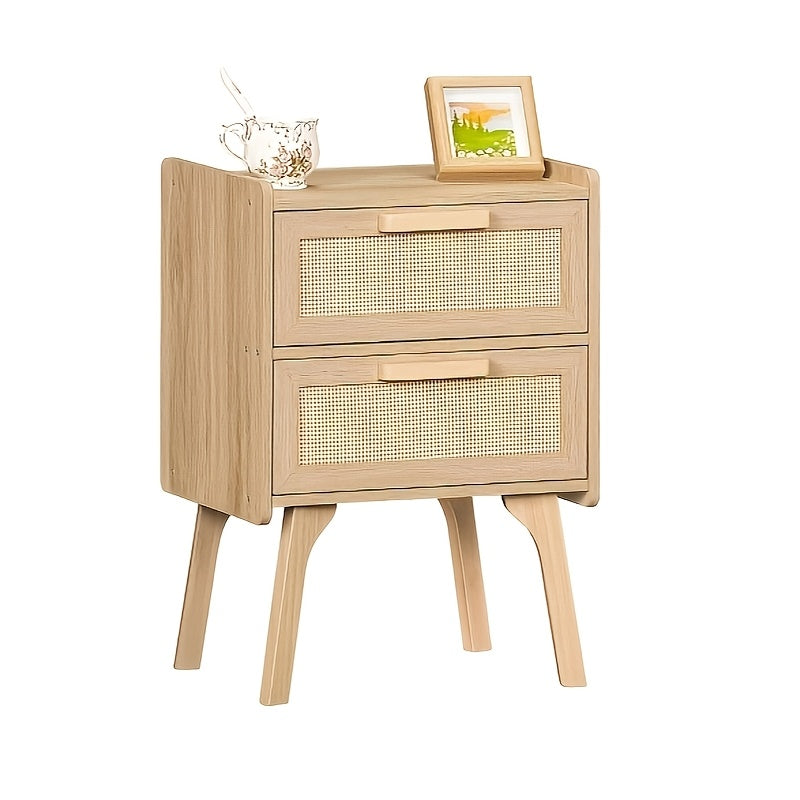 Chic Boho Rattan Nightstand with 2 Drawers - Natural Wood Finish, Cane Accent Side Table for Bedroom & Dorm Decor