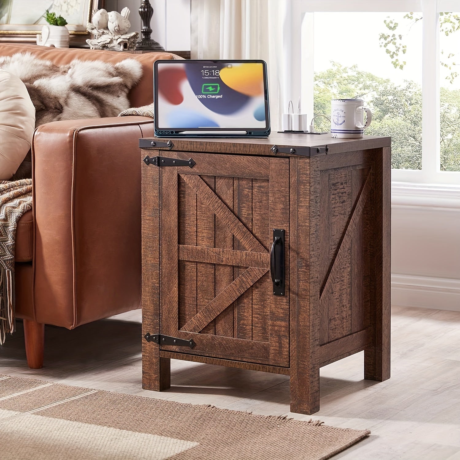 Nightstand w/Charging Station, 46cm Farmhouse End Table w/Barn Door and Adjustable Storage Shelf, Rustic Wood Sofa Side Table w/Magnetic Door for Living Room, Bedroom