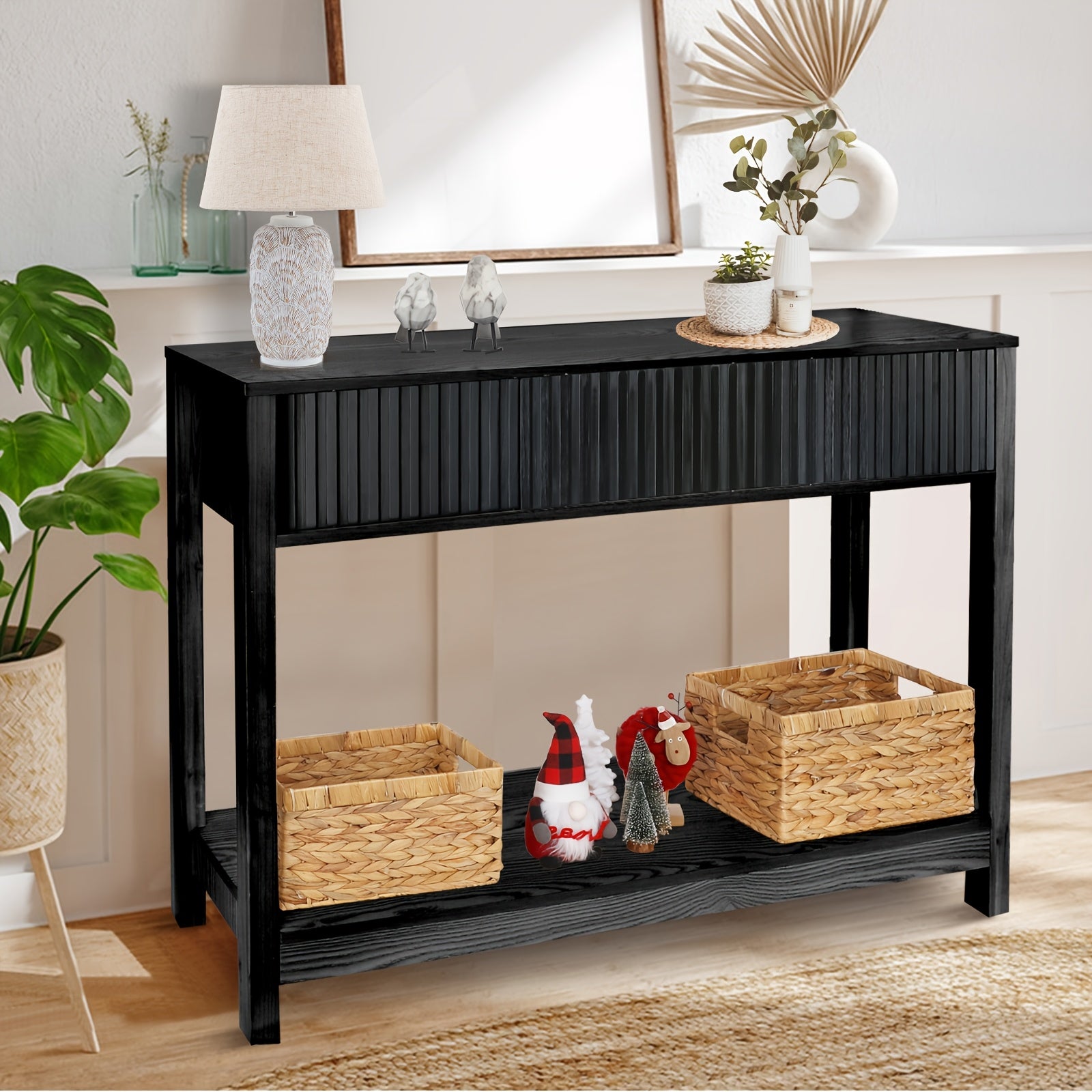 Long Console Table with Storage, Fluted Entryway Table, Slim Sofa Table Behind Couch Entry Table, Narrow Wood Hallway Table, Modern Living Room Couch Table, Black Foyer Entrance Table (in cm)