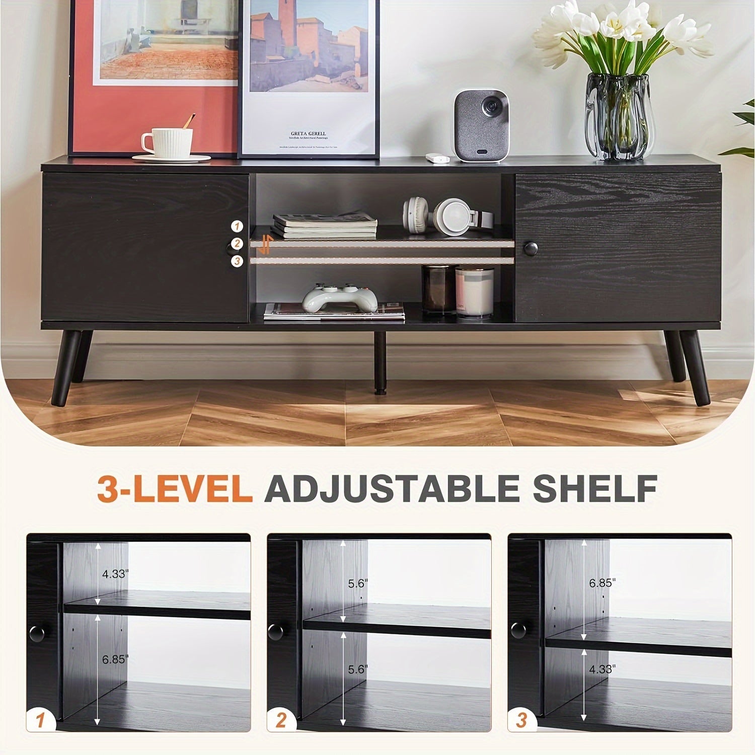 Modern TV Stand for 55-60 Inch TV with 2 Storage Cabinet and Open Shelf, TV Cabinet, TV Media Console, Wood TV Table for Living Room, Bedroom, Office