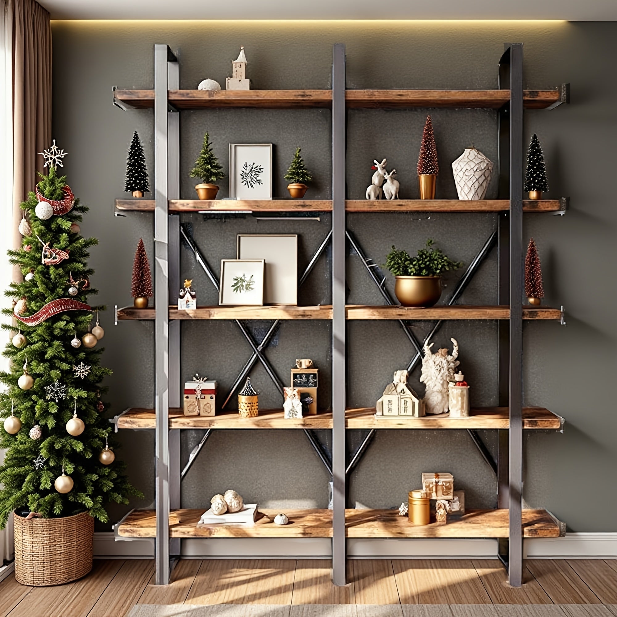 5-Tier Industrial Bookshelf, Double Width, Wood and Metal, Rustic Brown Finish - Ideal for Home Office & Living Room Decor, Easy to Assemble, Festive Holiday Display Shelving, Bookshelf Decorations, Best for Christmas