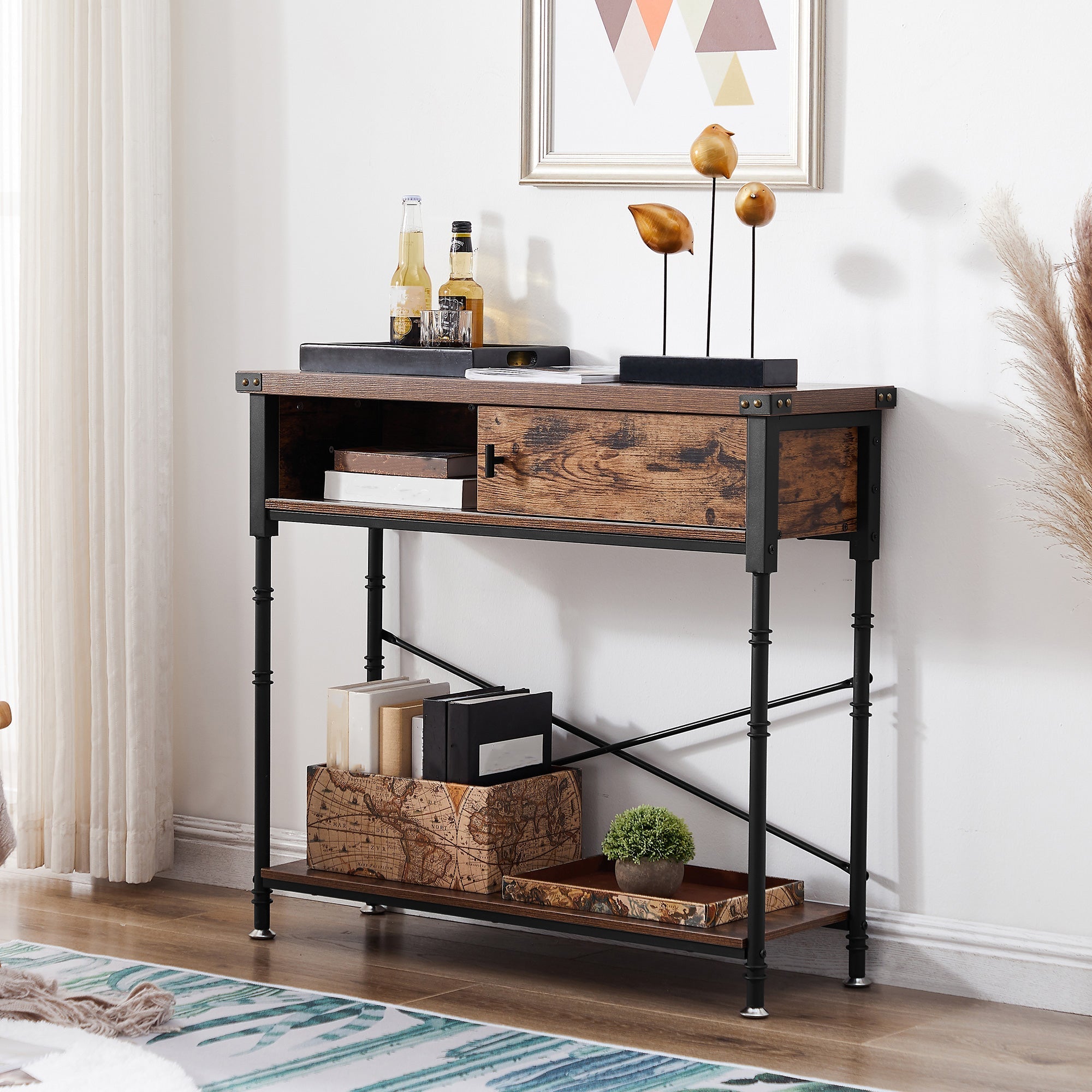 90 cm Console Table with Slide Drawer and Storage Shelf, Stable Metal Frame, Brown