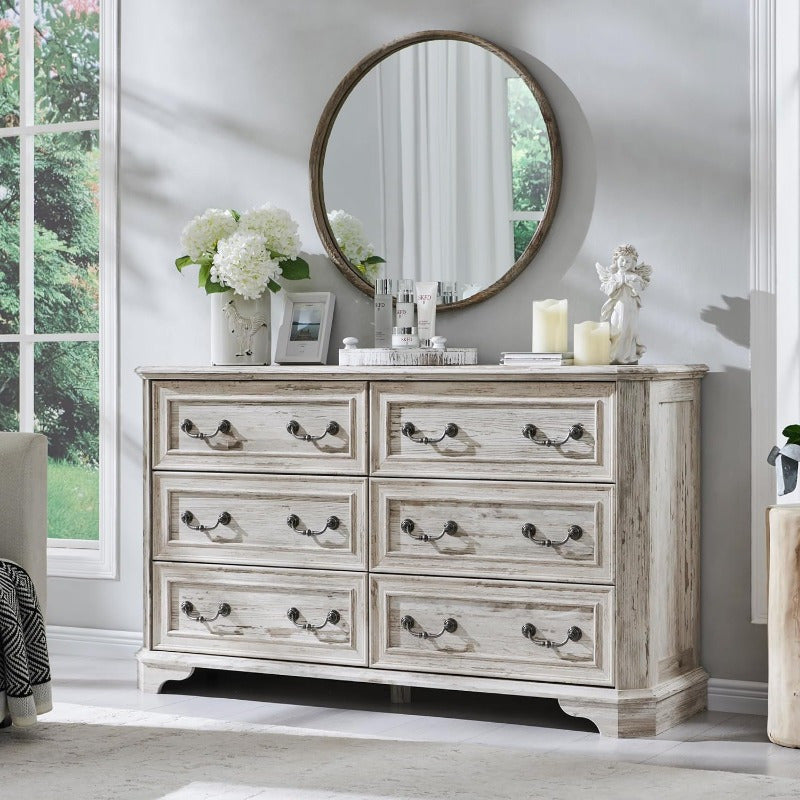 Charming Rustic Farmhouse 6-Drawer Dresser - 54" Wide, Antique White with Natural Wood Grain Finish, Beveled Edges for Safety & Style, Spacious Storage Organizer for Bedroom and Living Room