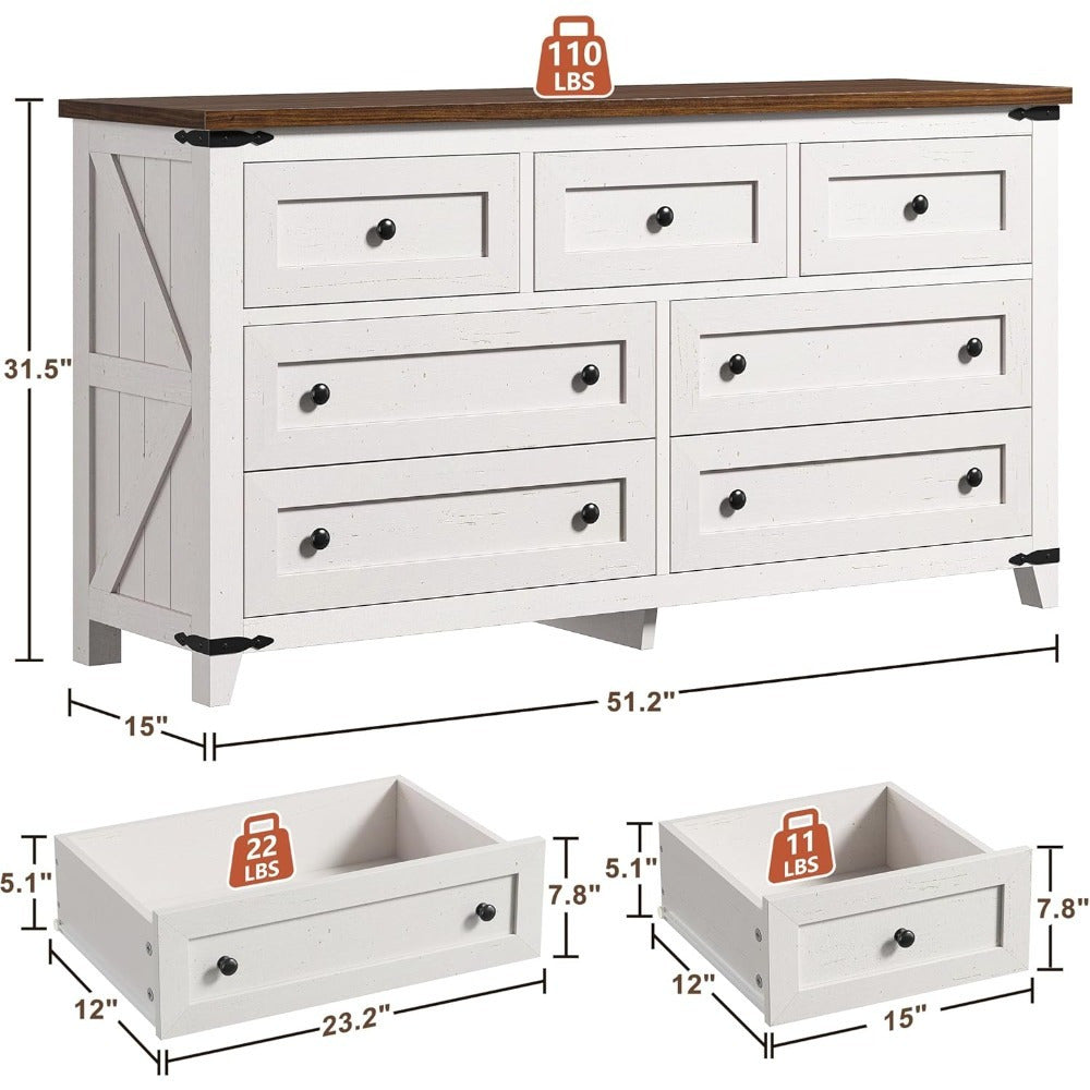 Chic Farmhouse 130cm White Wooden Dresser with 7 Drawers - Spacious Bedroom Organizer, TV Stand & Closet Storage Solution