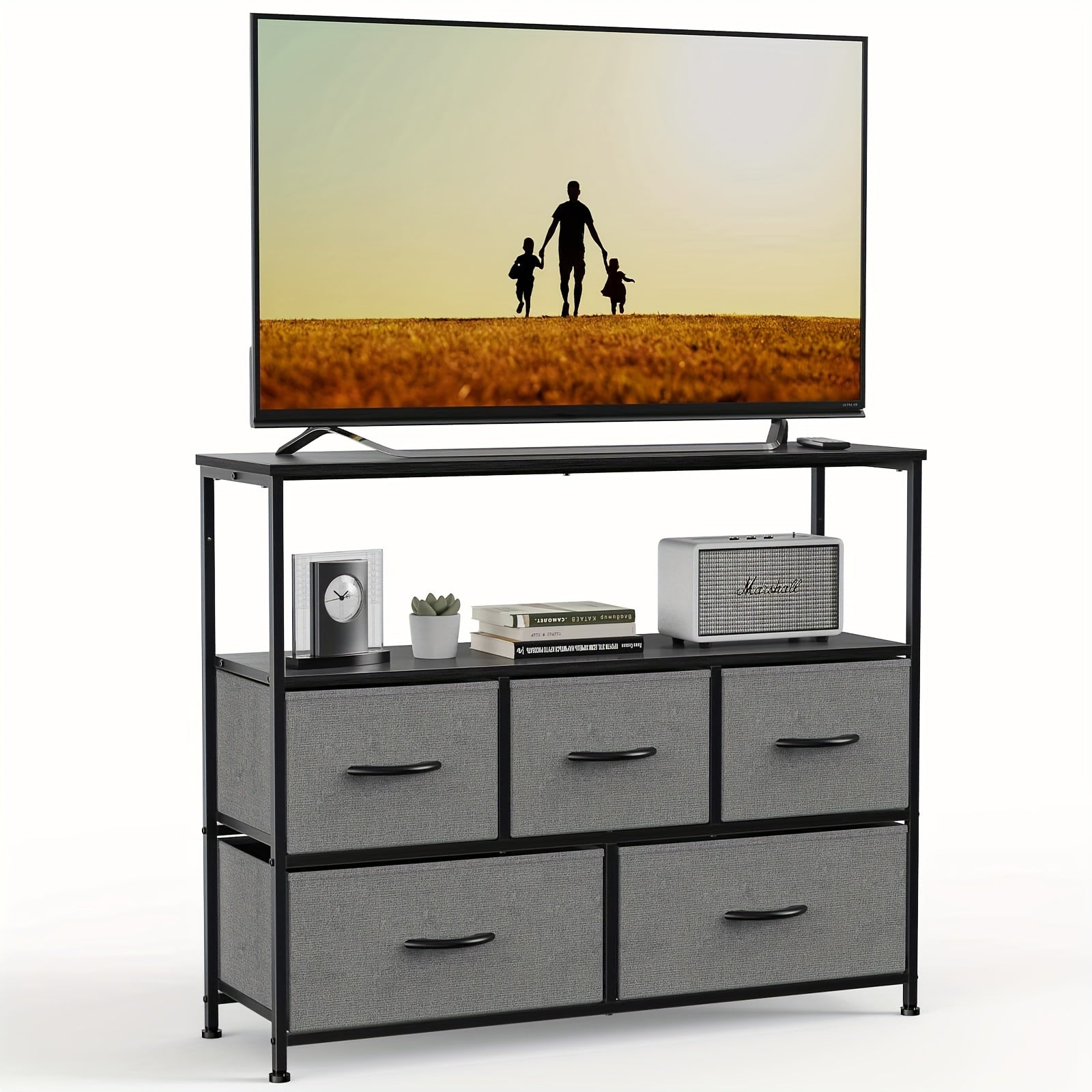 1pc 5 Drawer TV Cabinet, TV Cabinet For 66 To 140cm TV, Fabric Storage Box, Dresser And Drawer Chest, Storage Tower With 5 Cabinets, Metal Frame Portable Furniture For Living Room, Bedroom, Laboratory; 1pc Iron TV Stand