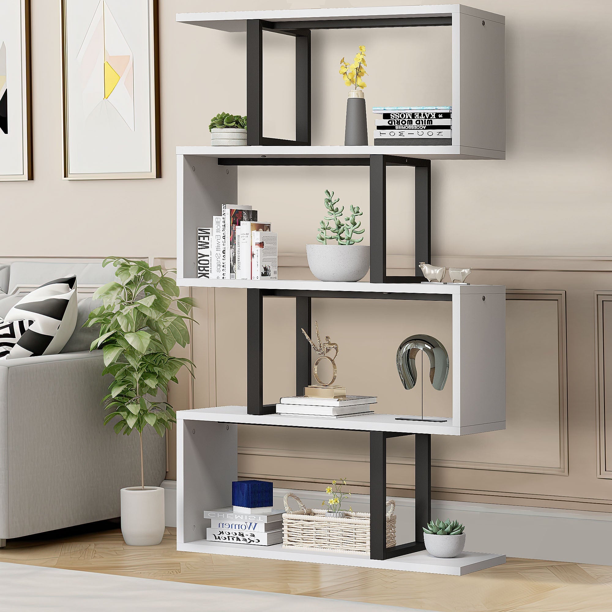 5- Tier S- Shaped Bookcase with Open Display Storage for Living Space