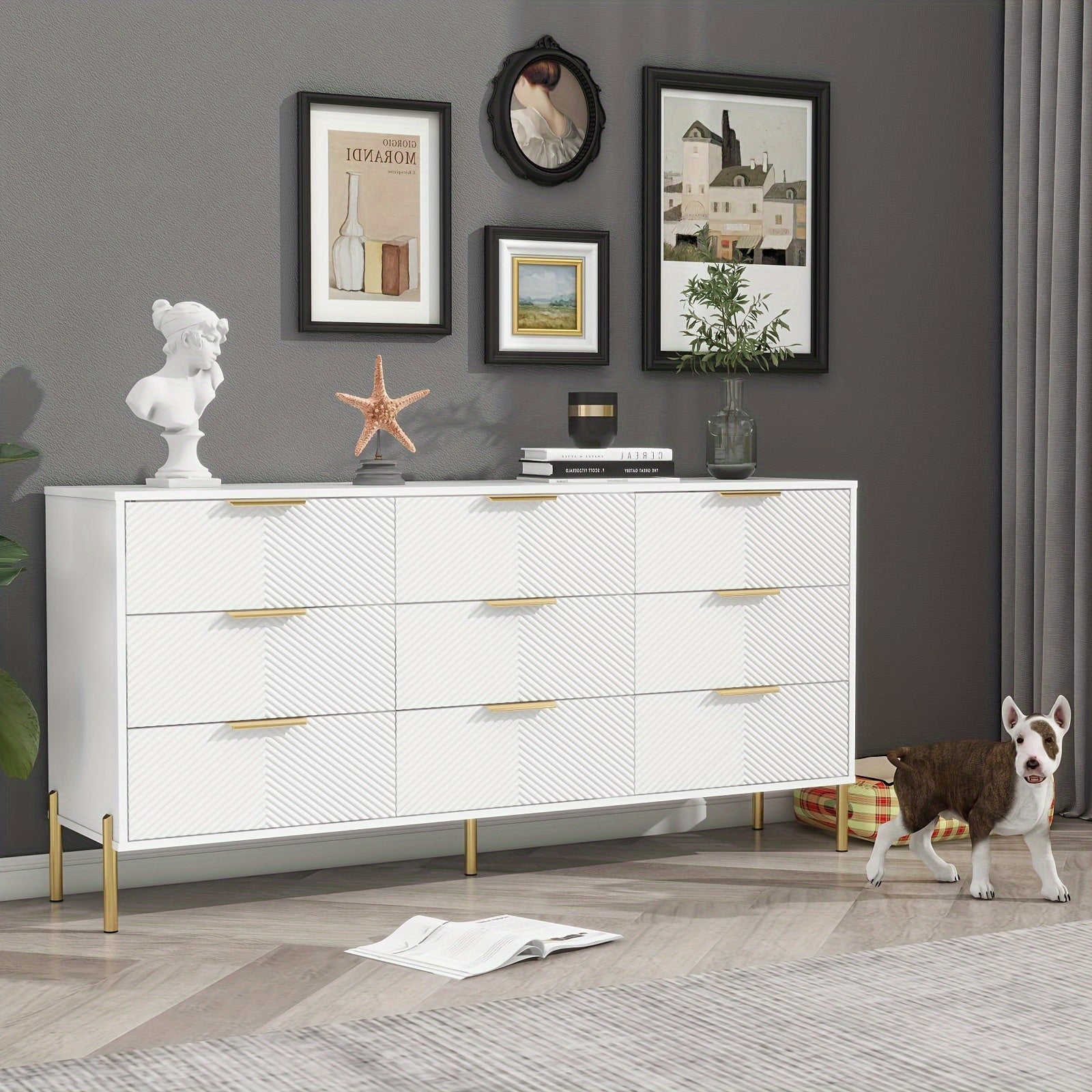 Modern White and Golden Bedroom Dresser with 9 Drawers, Metal Feet, and Golden Pulls - Hardwood Fiberboard Storage Cabinet for Hallway, Entryway, Living Room