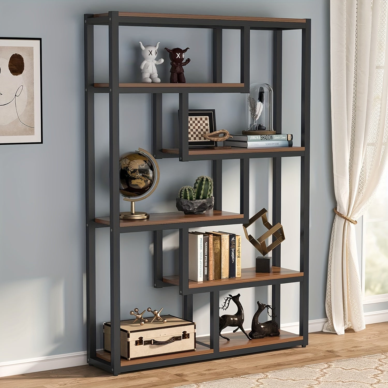 175cm Tall Bookshelf Staggered 6-Shelf Units, Dark Walnut & Black Finish