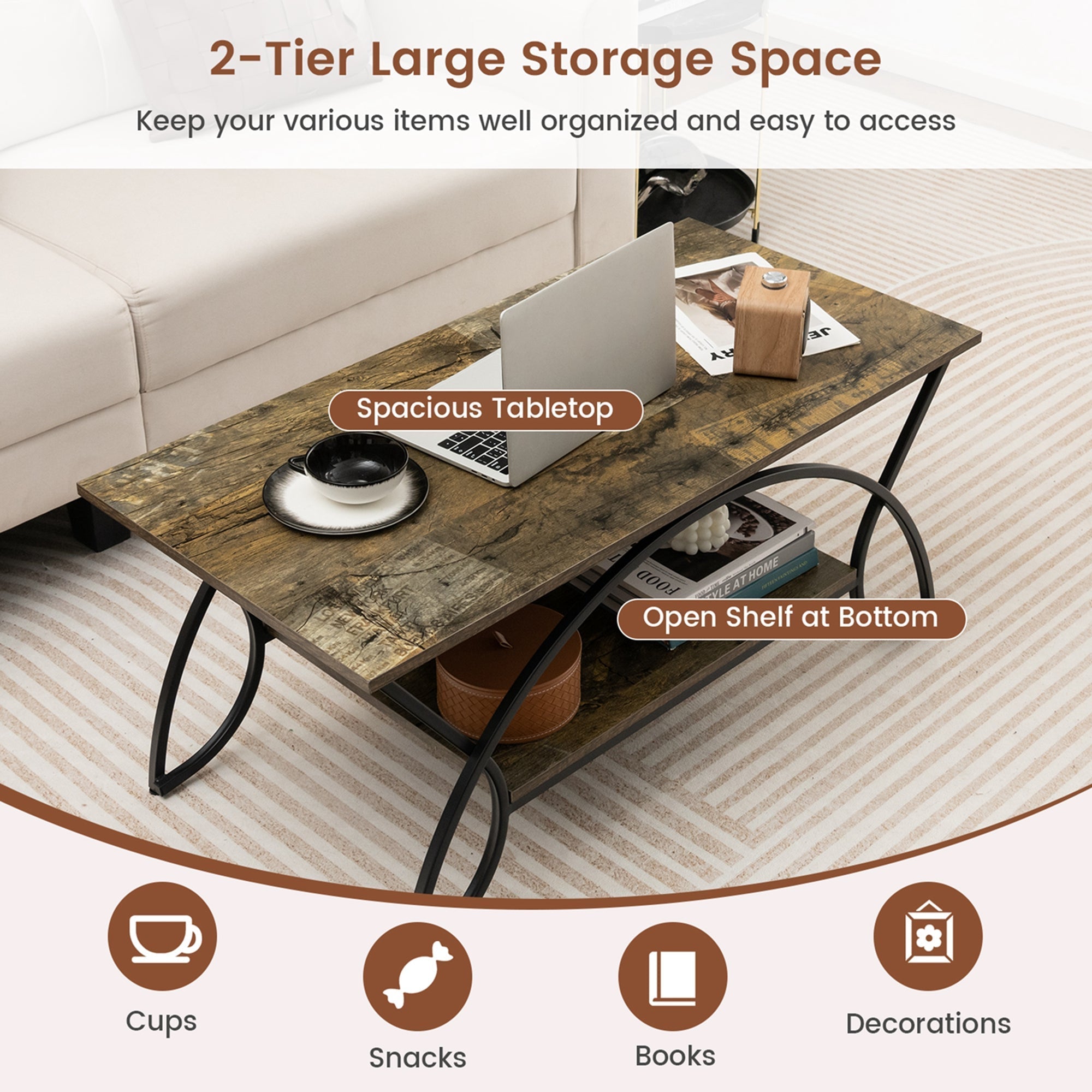 2-Tier Industrial Coffee Table Rectangular Cocktail Table with Storage Shelf Dark Brown