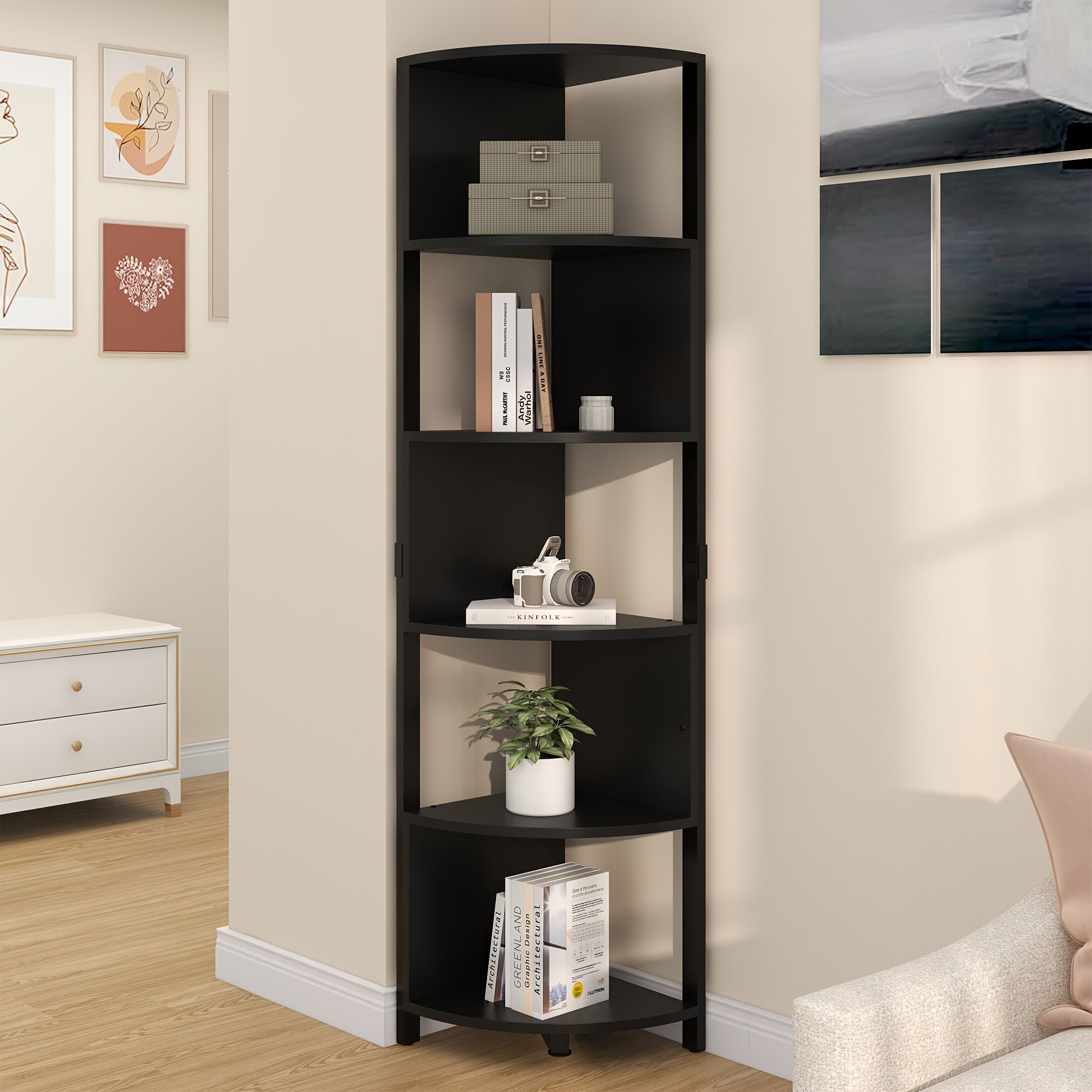 5 Tier Corner Shelf Corner Bookcase Bookshelf Space Saving Display W/ 5 Shelves