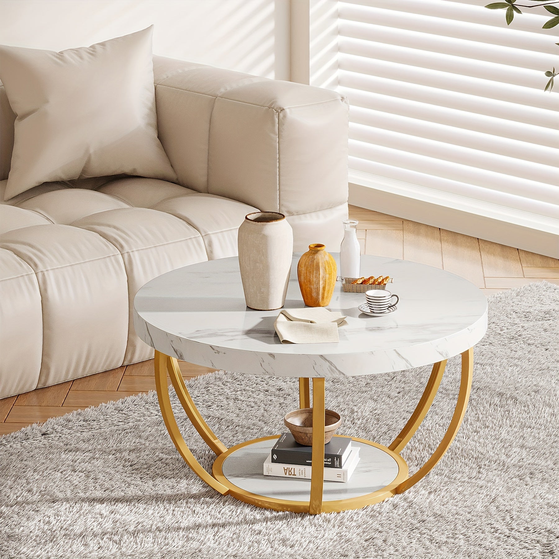 81cm Round Coffee Table, 2-Tier Circle Faux Marble Coffee Tables, Metal Legs Accent Center Table With Open Storage, Modern Design Home Furniture For Living Room