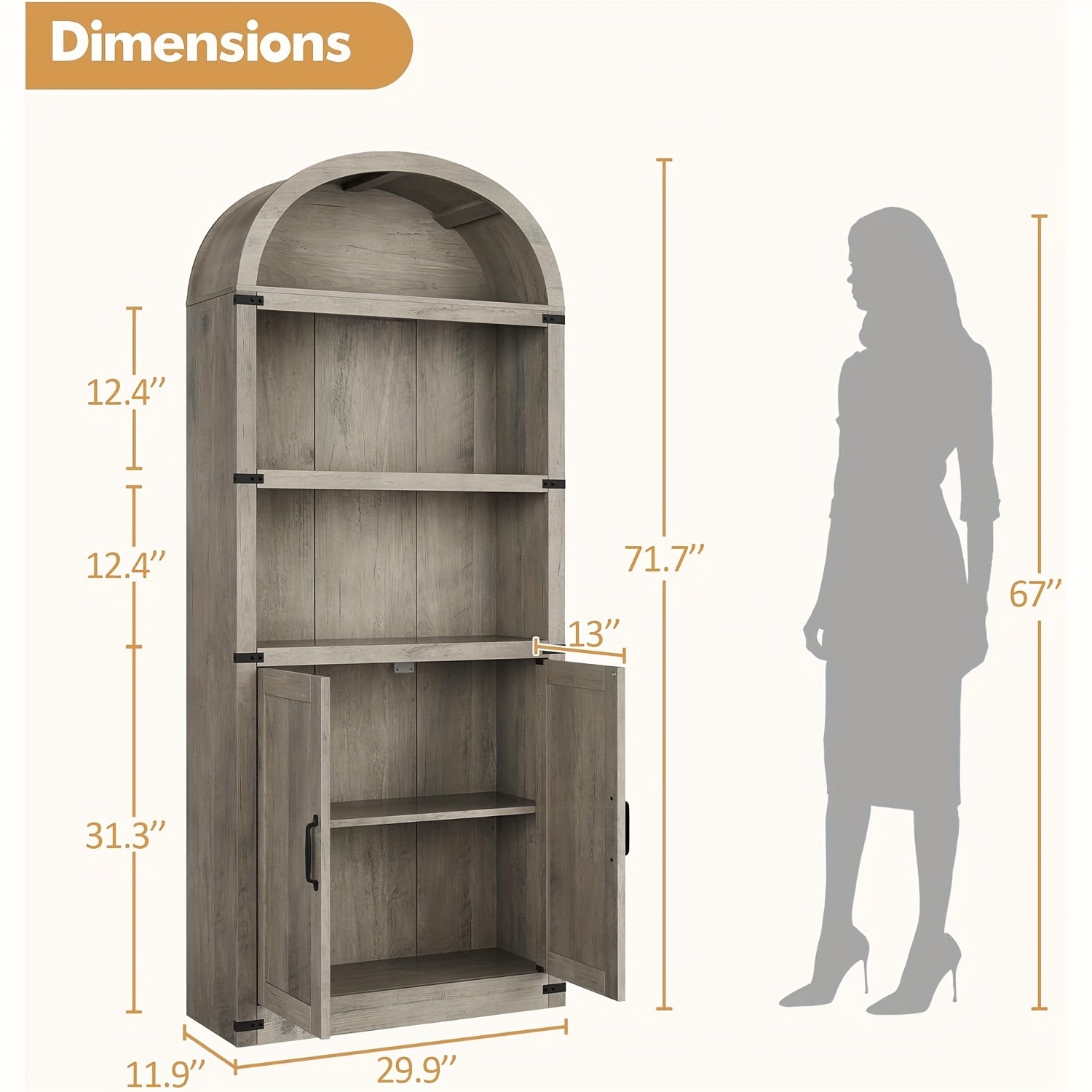 179cm High Bookcase With Doors Bookcase Arched Bookshelf Farmhouse Cabinet With Shelves Bookcase For Home Office, Living Room