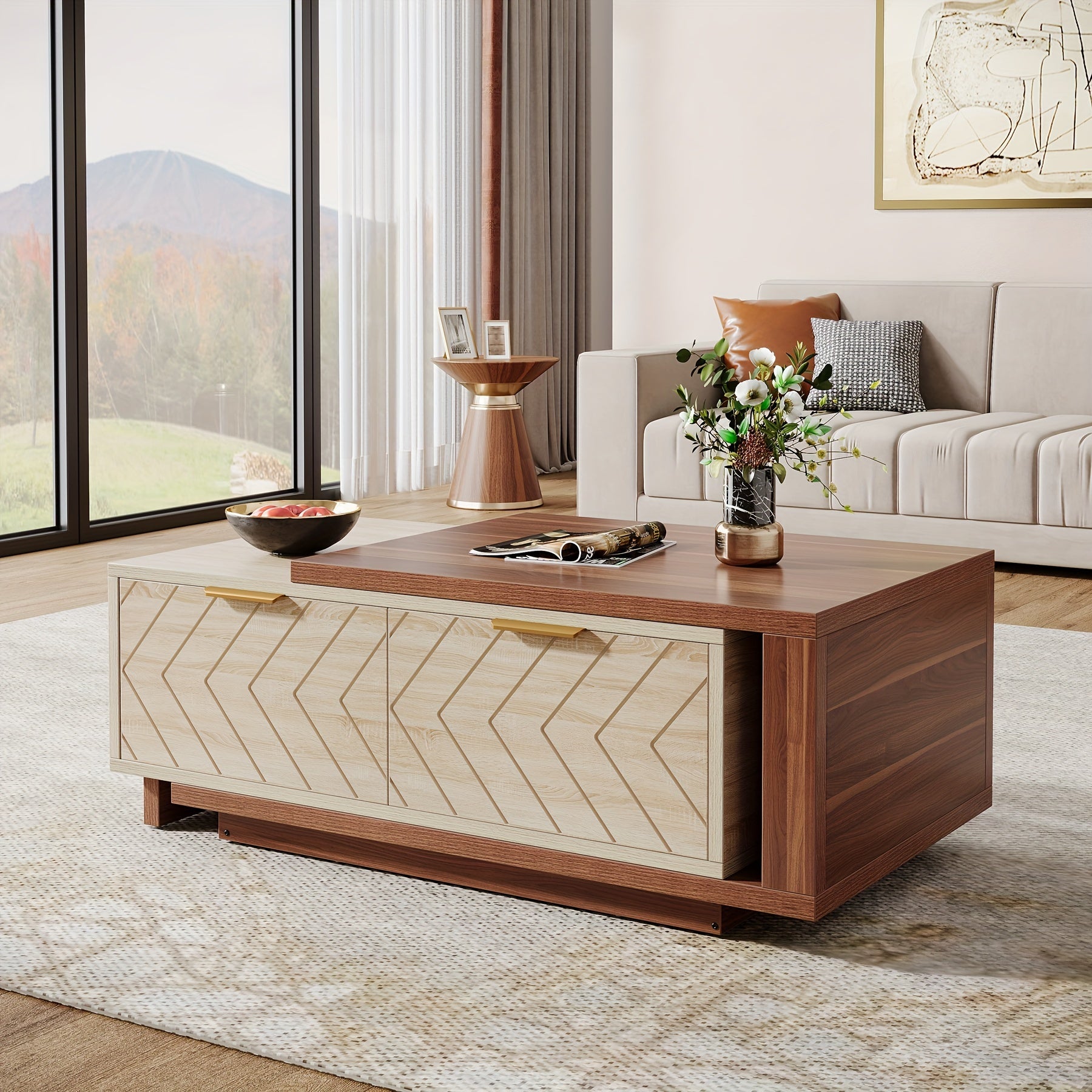 Expandable Wooden Coffee Table With Dual Storage Drawers, Featuring Dual-Tone Centerpiece & Sliding Tabletop, Versatile Hidden Compartment Rectangle Cocktail Table Ideal For Living Spaces