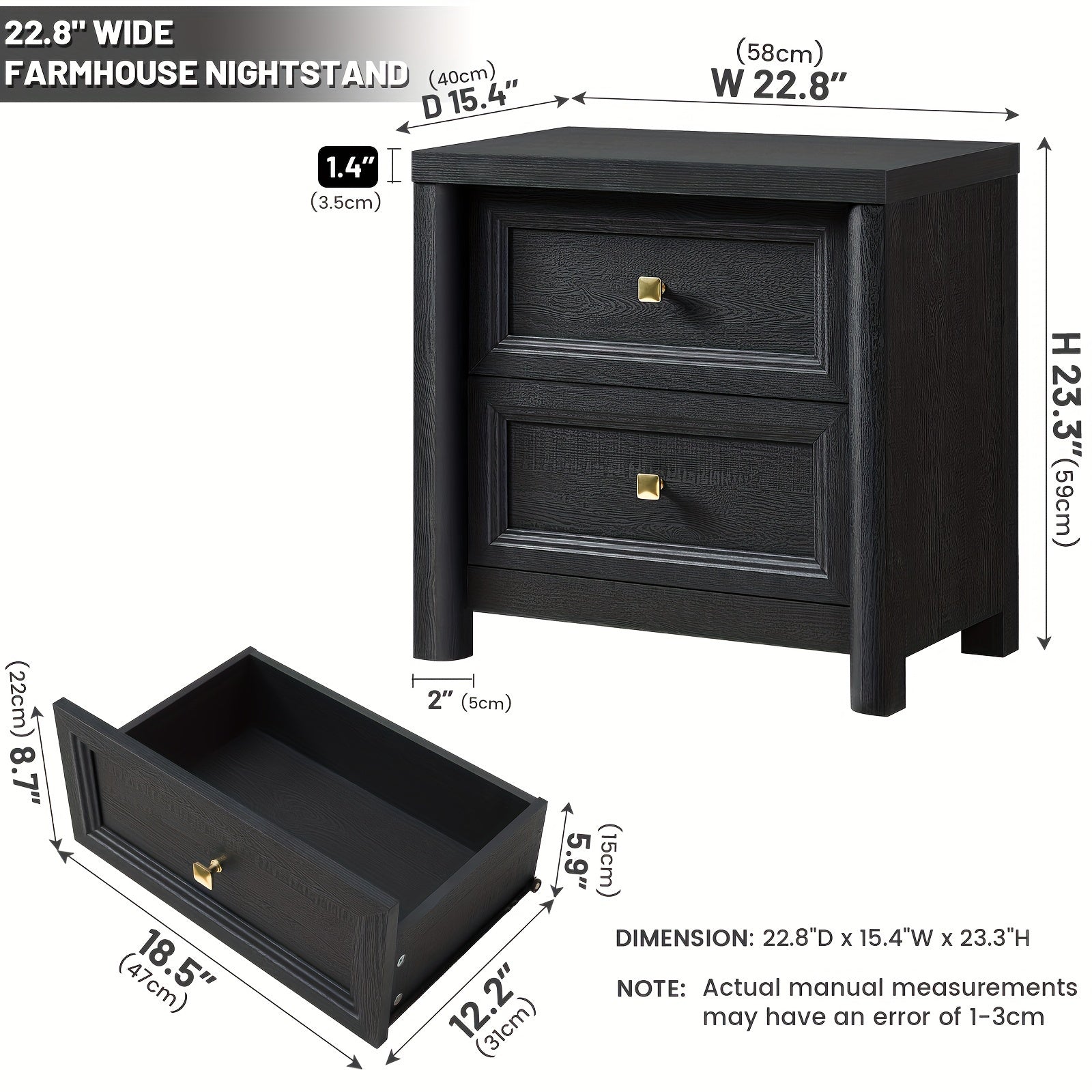 Black Nightstand Set Of 2, Farmhouse Night Stand Set 2, Black And Gold Nightstand With 2 Drawers, Wood Bed Side Table For Bedroom, 23.3" Tall Nightstand With Gold Knob, Wooden End Table Sofa Couch