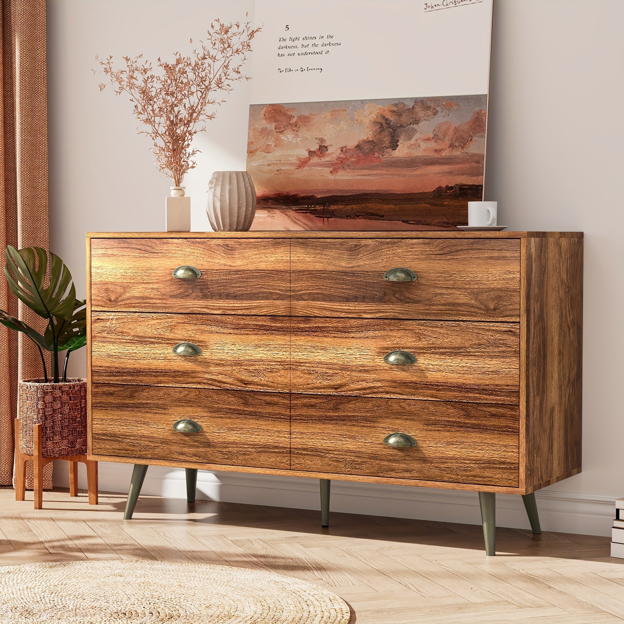 Dresser for Bedroom with 6 Drawers, Mid Century Modern Dresser with Gold Handles, Wooden Dressers & Chest of Drawers Organizer for Entryway, Walnut Wood