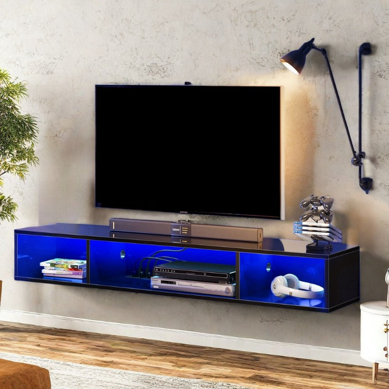 Television Stands, Floating TV Stand, TV Stand with Power Outlet, Floating TV Stand with RGB Lights,Wall Mounted TV Shelf, White Media Console with Storage Shelf, Entertainment Shelf Under TV for Entertainment Center, Living