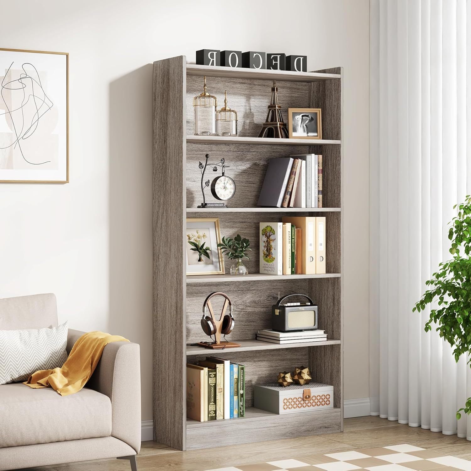 Sturdy 6-Tier Floor Standing Bookcase - 181cm Tall, Multi-Shelf Organizer for Home Office, Living Room, Bedroom - Hardwood Finish with Particleboard Shelves