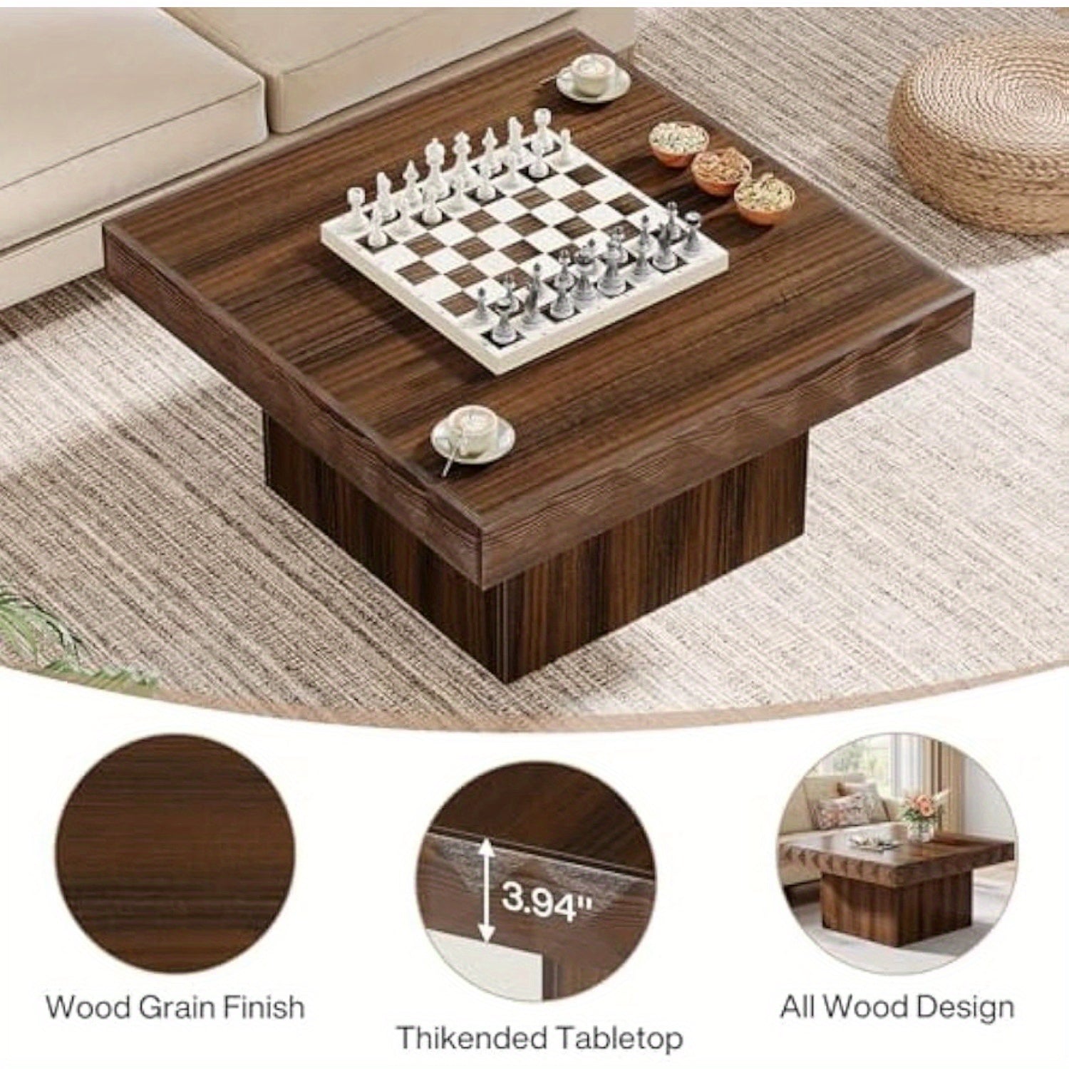 Square Coffee Table for Living Room, 90cm Wooden Coffee Table with Thickened Tabletop, Modern Center Table Cocktail Table Tea Table, Walnut