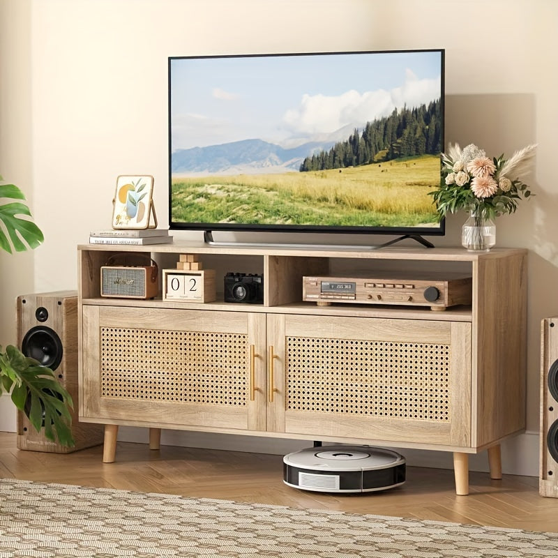 Rattan TV Stand for TVs up to 55", Entertainment Center with Adjustable Shelves, Rattan TV Console with 2 Cabinets, Media Console, for Living Room - Natural Oak