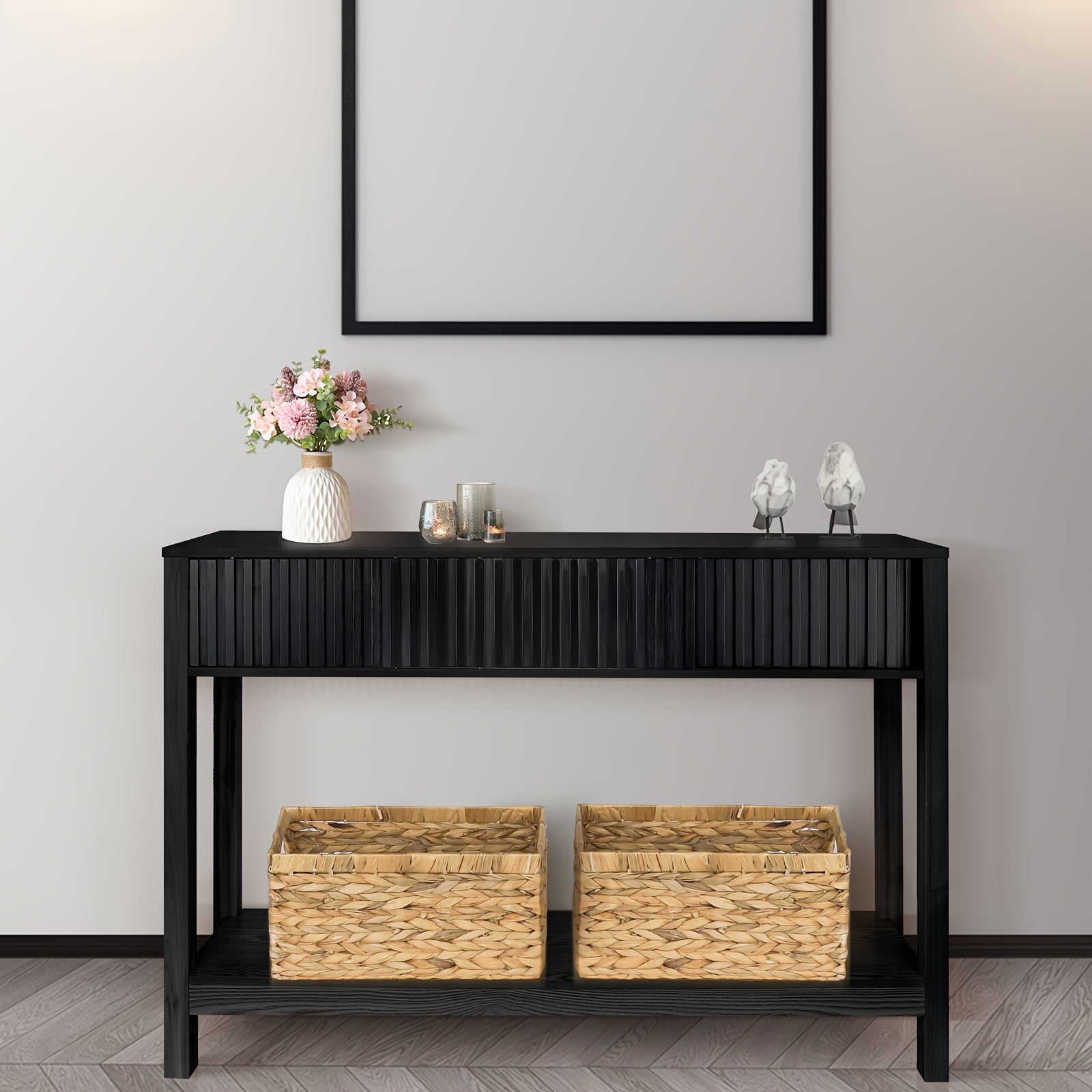 Long Console Table with Storage, Fluted Entryway Table, Slim Sofa Table Behind Couch Entry Table, Narrow Wood Hallway Table, Modern Living Room Couch Table, Black Foyer Entrance Table (in cm)