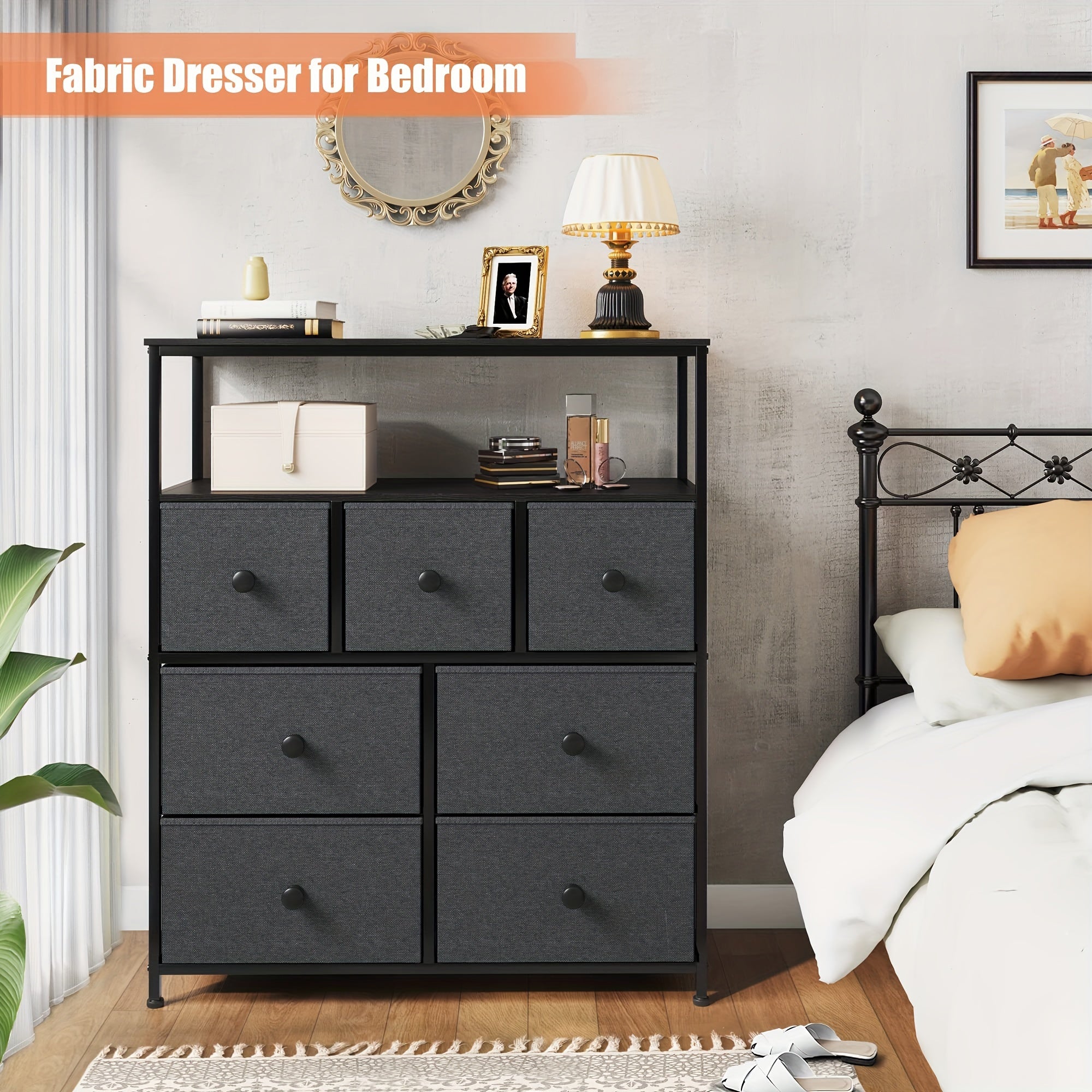 1pc Glam Style 7-Drawer Dresser with 2 Shelves, Metal Frame, Freestanding Tall Dresser for Bedroom, Closet Storage Organizer, Under 3.2 Cubic Feet Capacity, Easy Assembly, Under 27 Inches Height