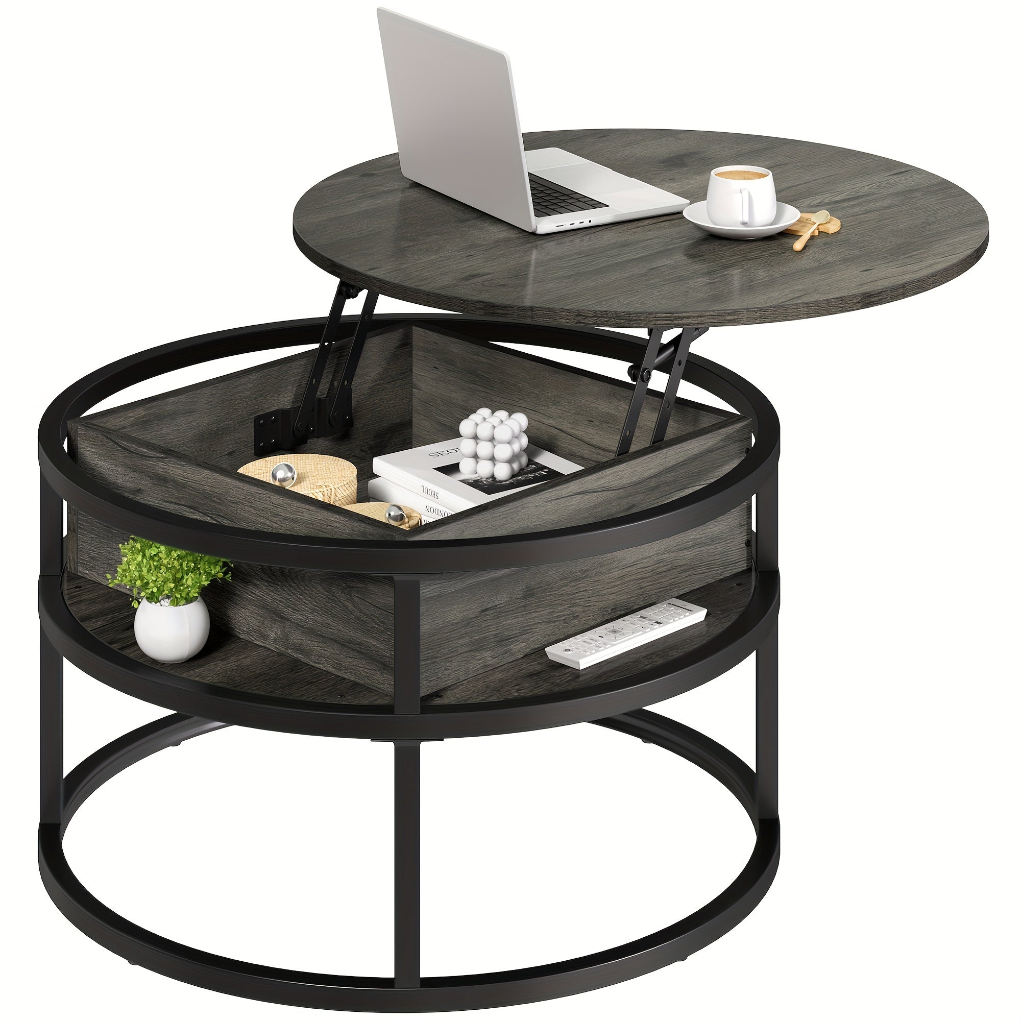 2 Tier Round Lift Top Coffee Table With Hidden Storage Compartment For Living Room Home Office