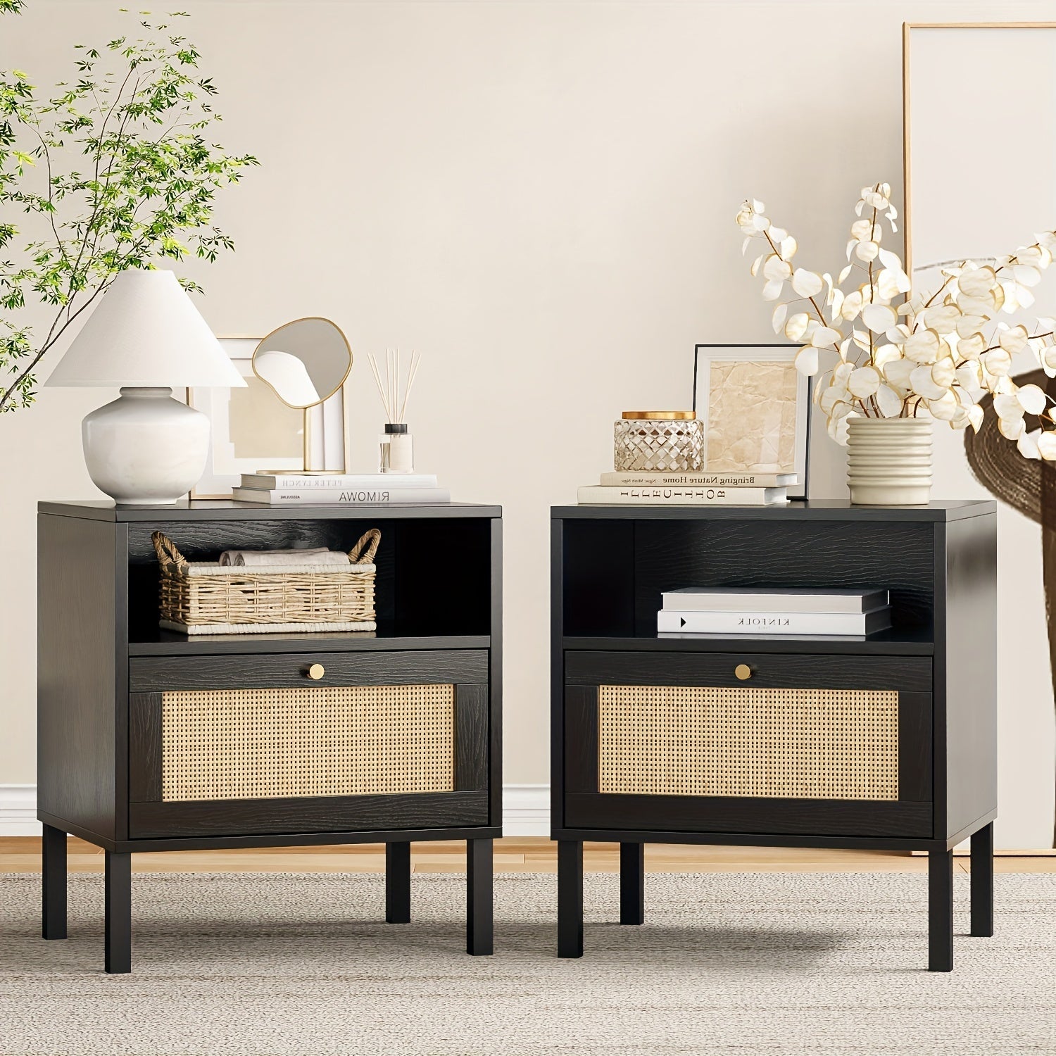 2pcs Rattan Nightstand Set, Bedside Table with Open Shelf And Door, Boho End Table (Set Of 2)