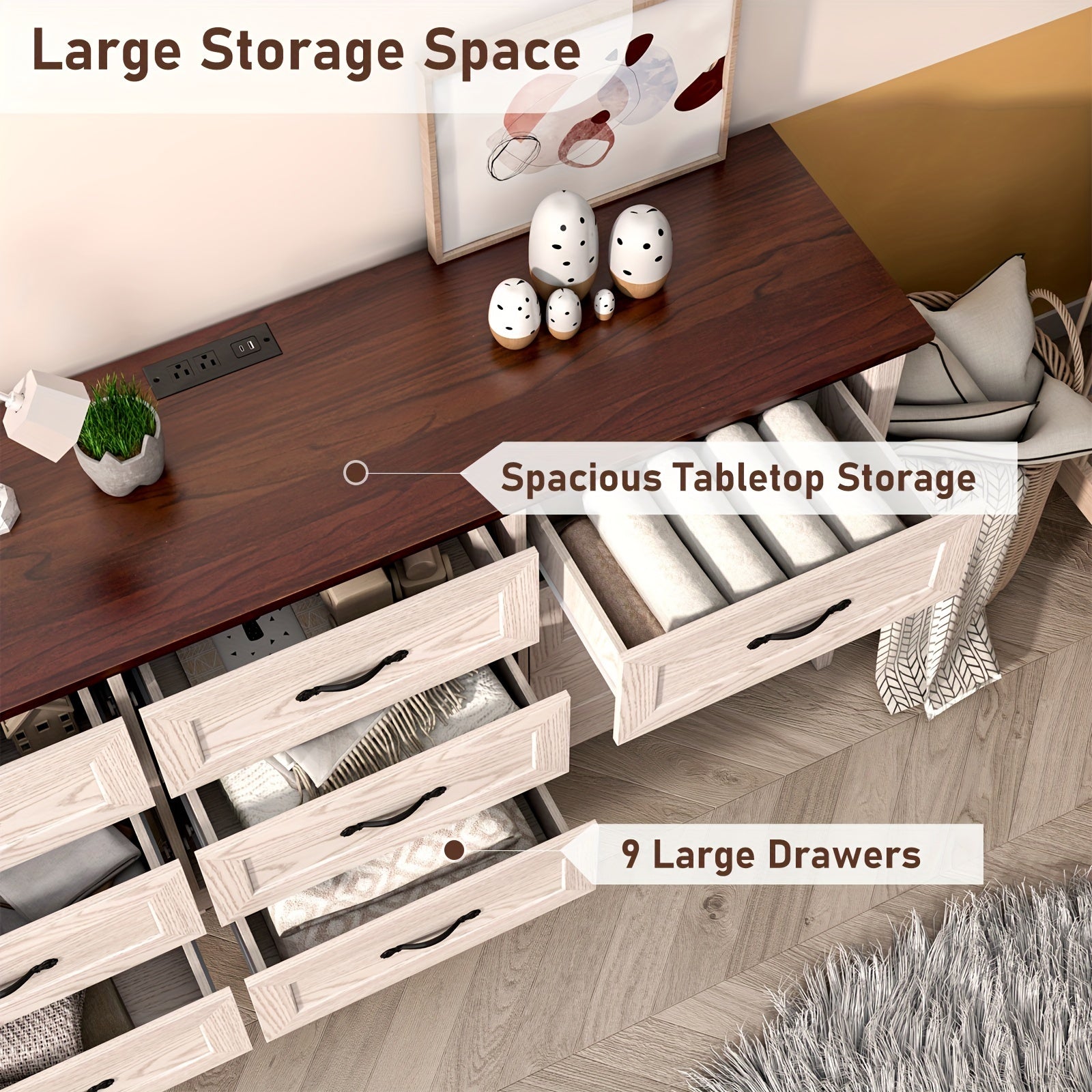 Farmhouse 9 Drawers Dresser, 160cm Wood Dresser for Bedroom Wide Chest of Drawers, French Country Storage Double Dressers Organizer for Bedroom, Living Room Storage Drawer Units