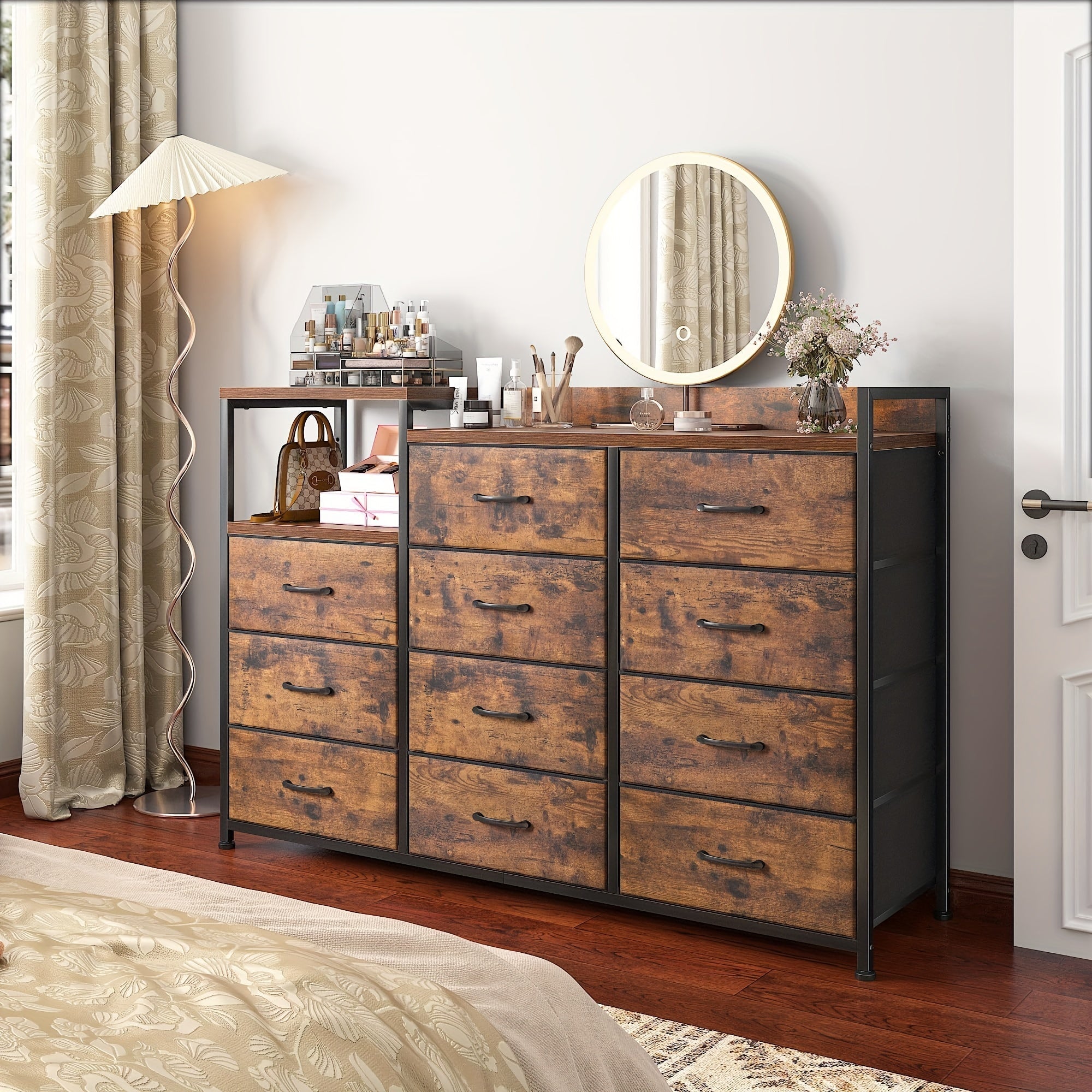 Dresser For Bedroom With 11 Drawers Long Dresser TV Stand With Shelves Wide Dressers & Chests Of Drawers Large Dresser For Bedroom Dresser, Sturdy Metal Frame, Wood Top, Rustic Brown