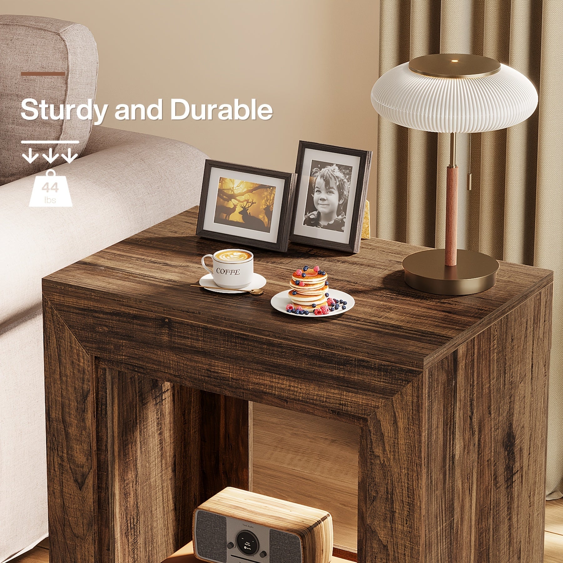 Charming 64cm Farmhouse End Table with Storage - Rustic Dark Wood Finish, 2-Tier Side Table for Living Room or Bedroom, Space-Saving Design with Ample Top Surface & Under-Table Shelf for Books and Decor, Compact Side Table|Rus