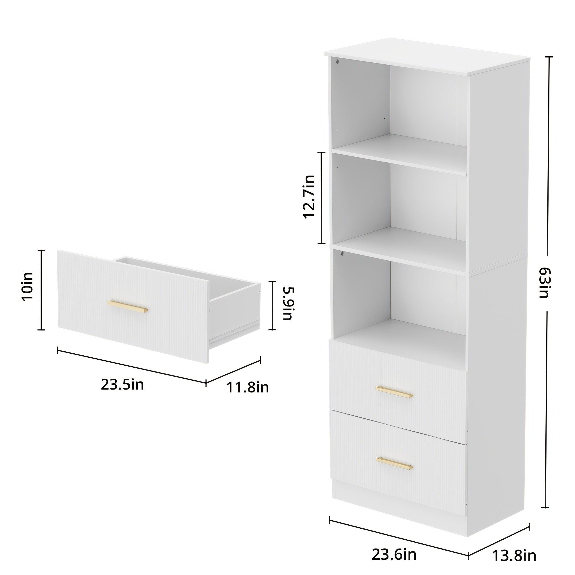 160cm tall bookshelf with 2 drawers, 3-layer modern bookshelf with adjustable shelves, corner open cube shelf, floor display bookshelf, suitable for living room, bedroom, office, white/black/rubber