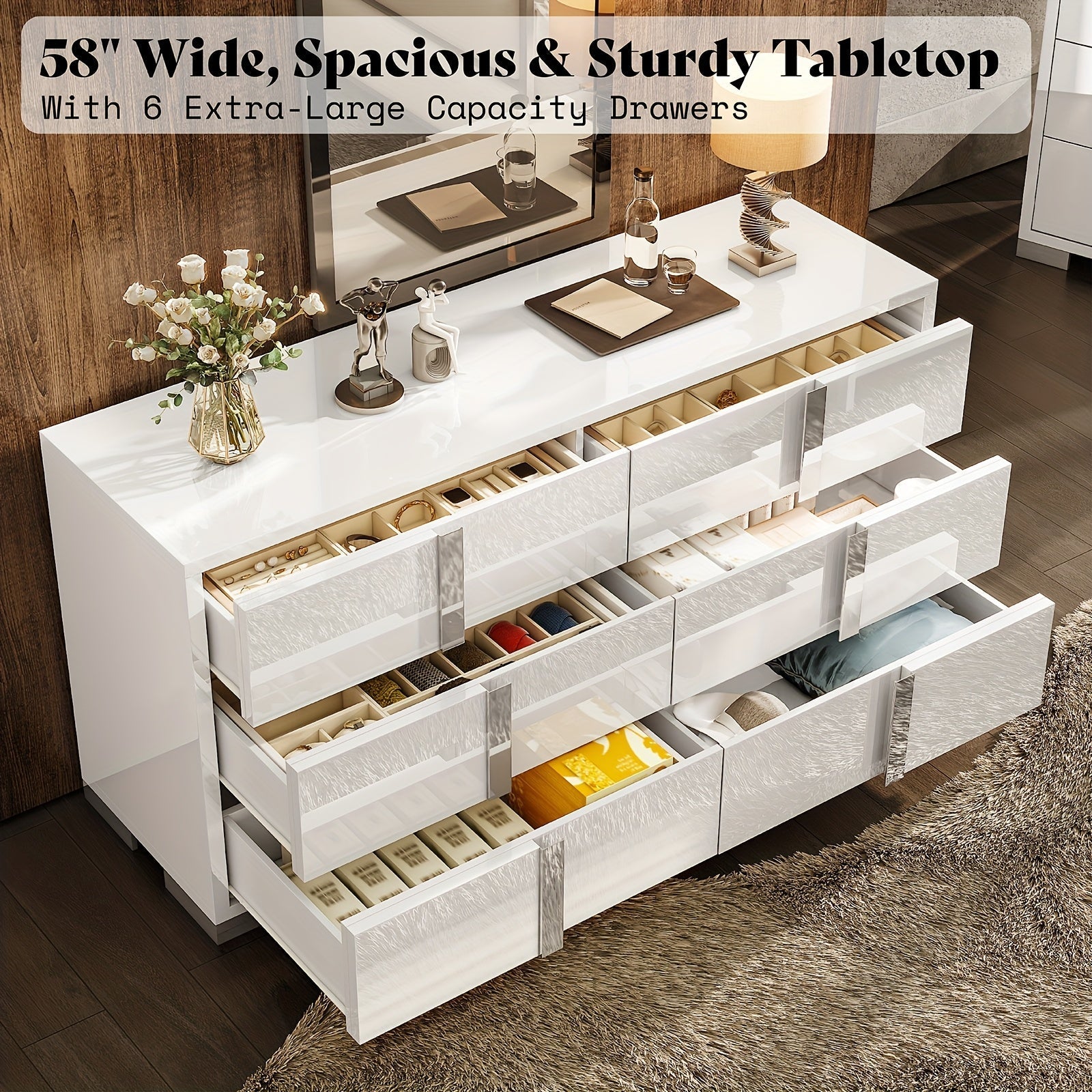 1pc Modern 137cm W Dresser, 6-Drawer Glossy Hardwood & MDF Sideboard with Silver Accents, Freestanding Storage Organizer for Bedroom, Living Room