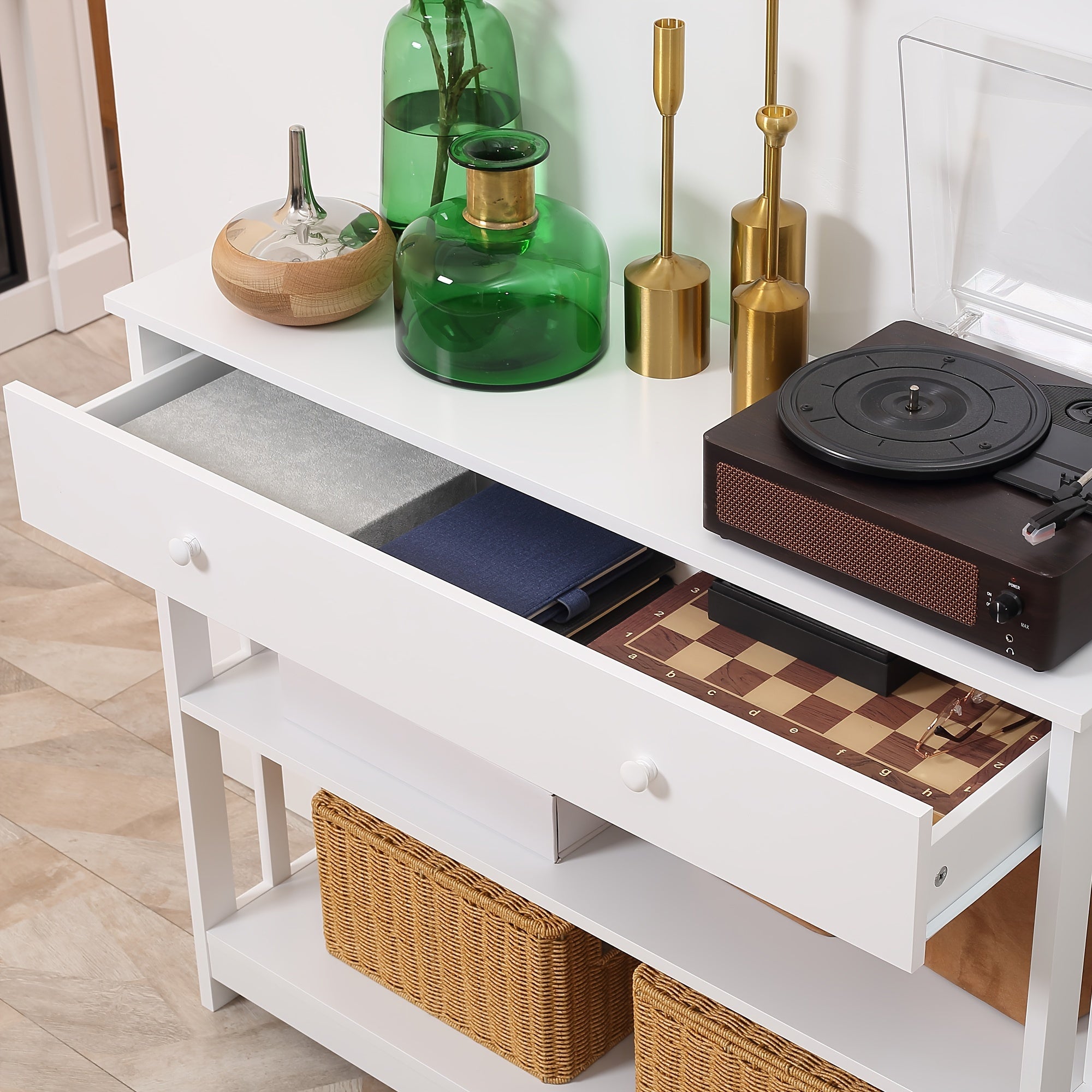 Console Hallway Table with Extra Wide Pull-Out Drawer, 2 Open Shelves, and Slatted Wood Frame Design, White (Measurements in cm)