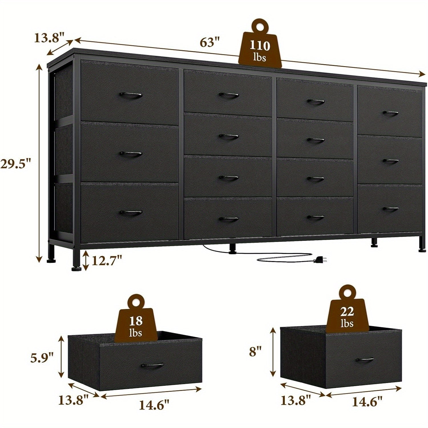 160cm  W Black Dresser TV Stand for 65 70 75 Inch TV, 14 Drawer for Bedroom with Power Outlets, Large Long Fabric Dresser Entertainment Center